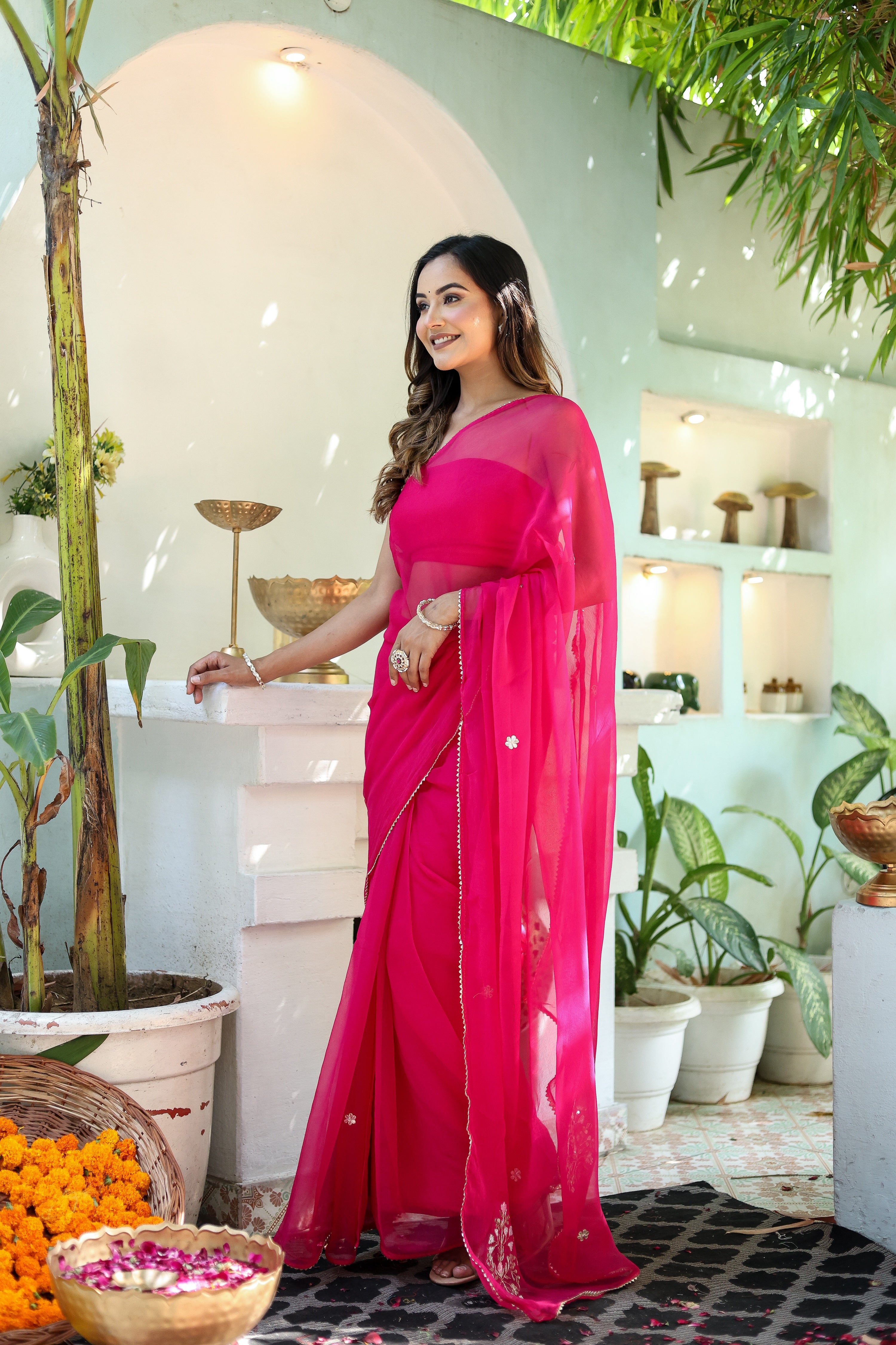 Rani Grace (Hand Embroidered Chiffon Rani Pink Saree)