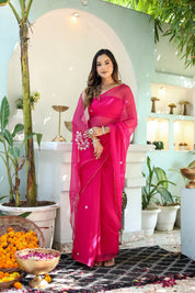 Rani Grace (Hand Embroidered Chiffon Rani Pink Saree)