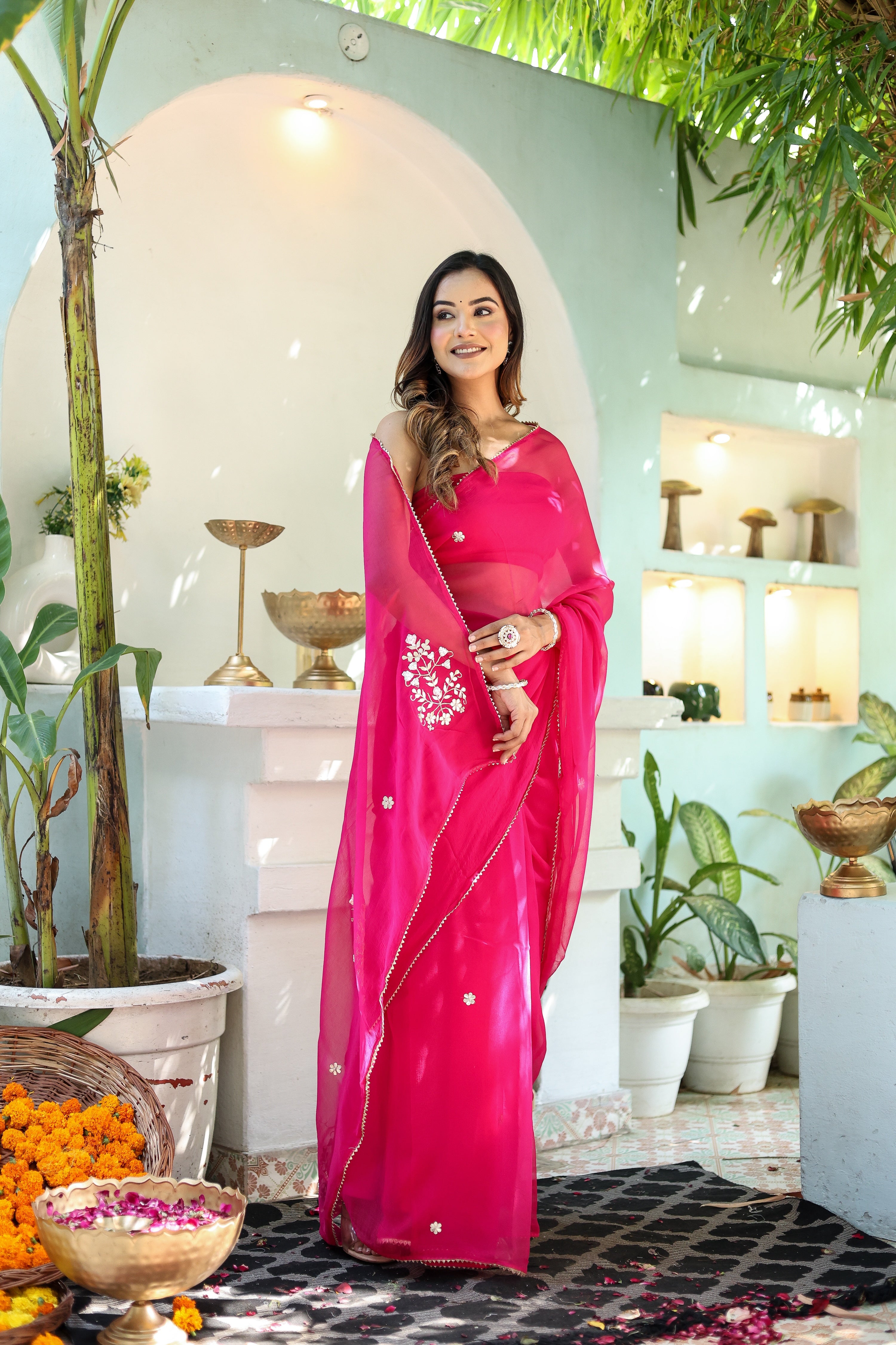 Rani Grace (Hand Embroidered Chiffon Rani Pink Saree)