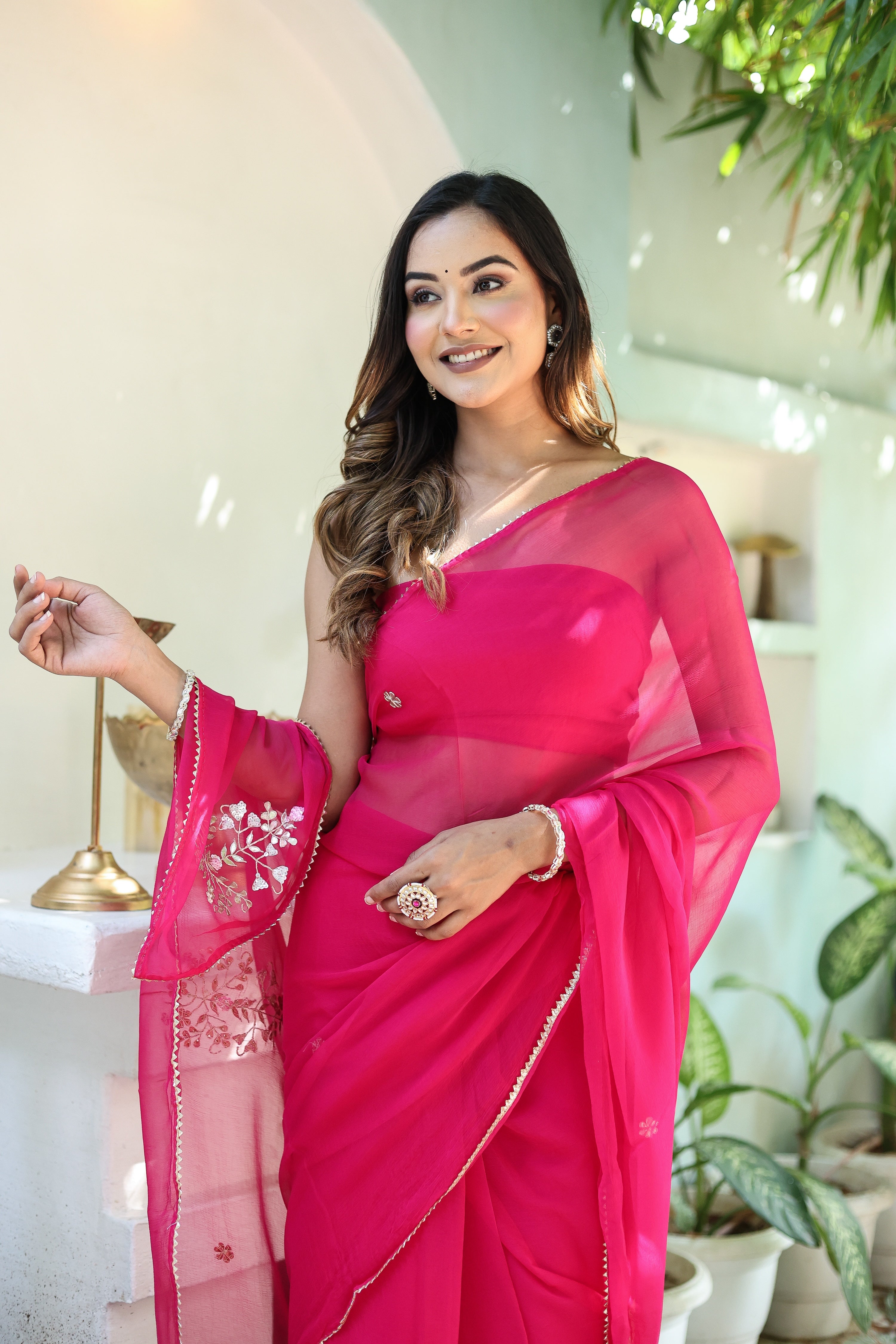 Rani Grace (Hand Embroidered Chiffon Rani Pink Saree)