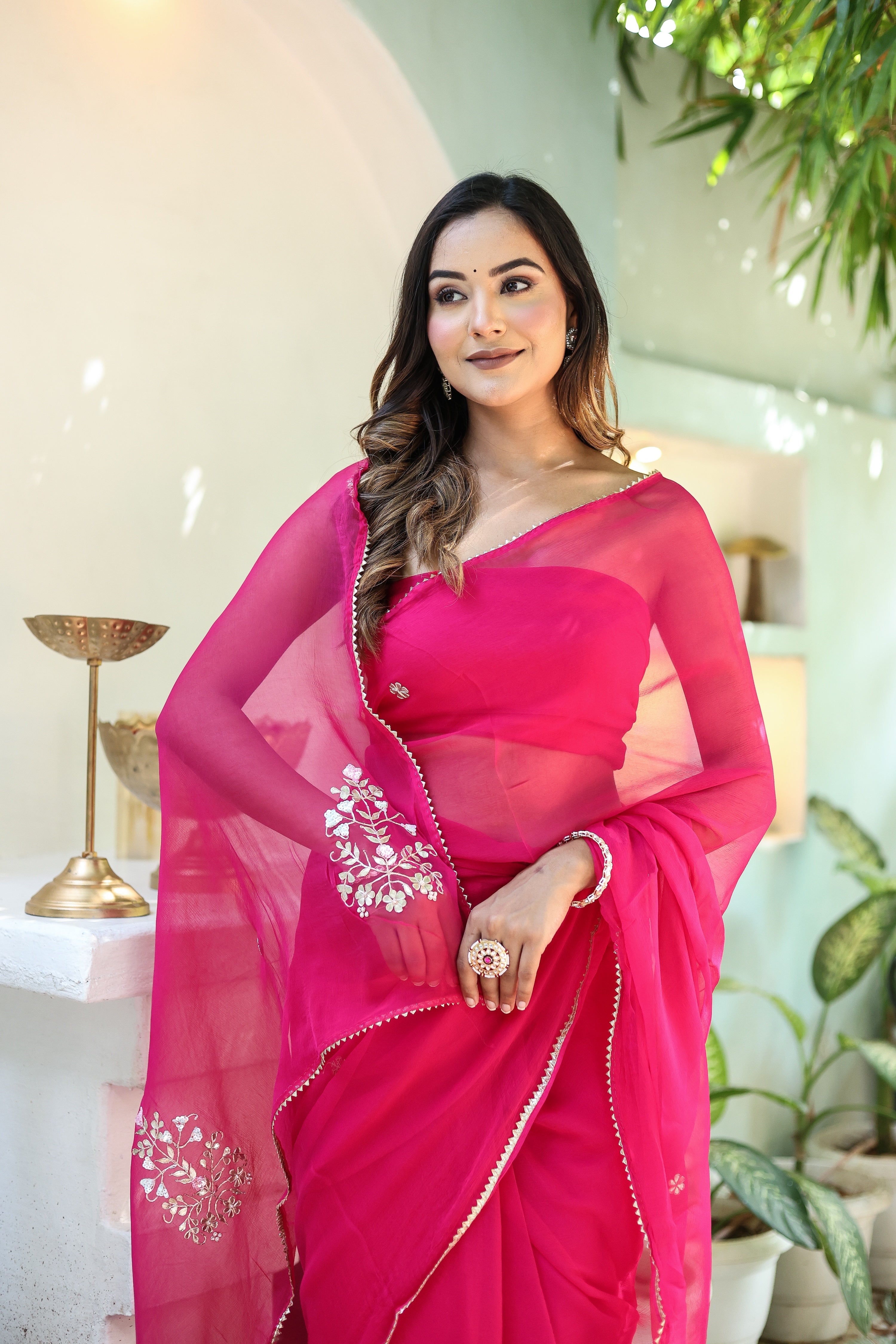 Rani Grace (Hand Embroidered Chiffon Rani Pink Saree)