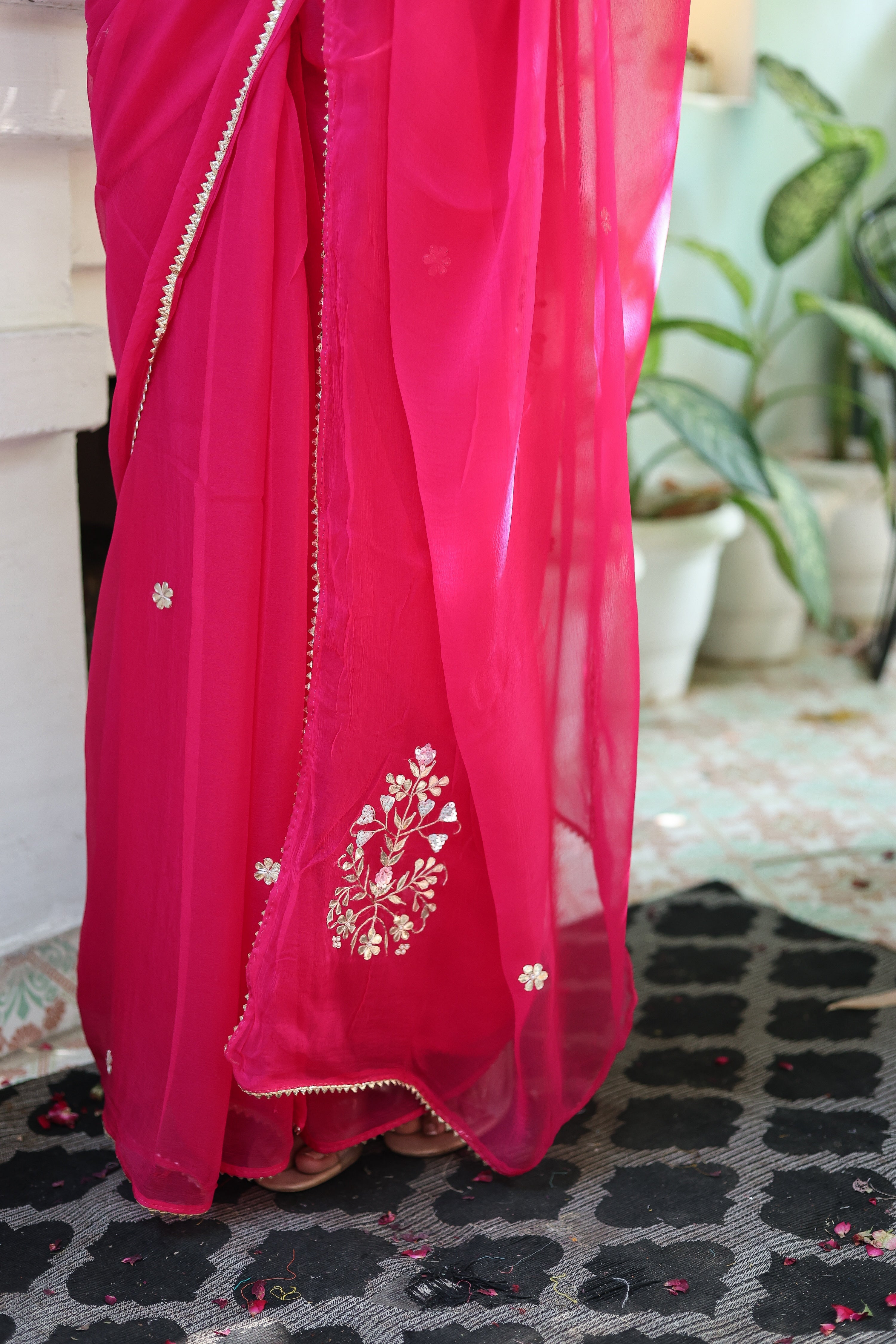 Rani Grace (Hand Embroidered Chiffon Rani Pink Saree)