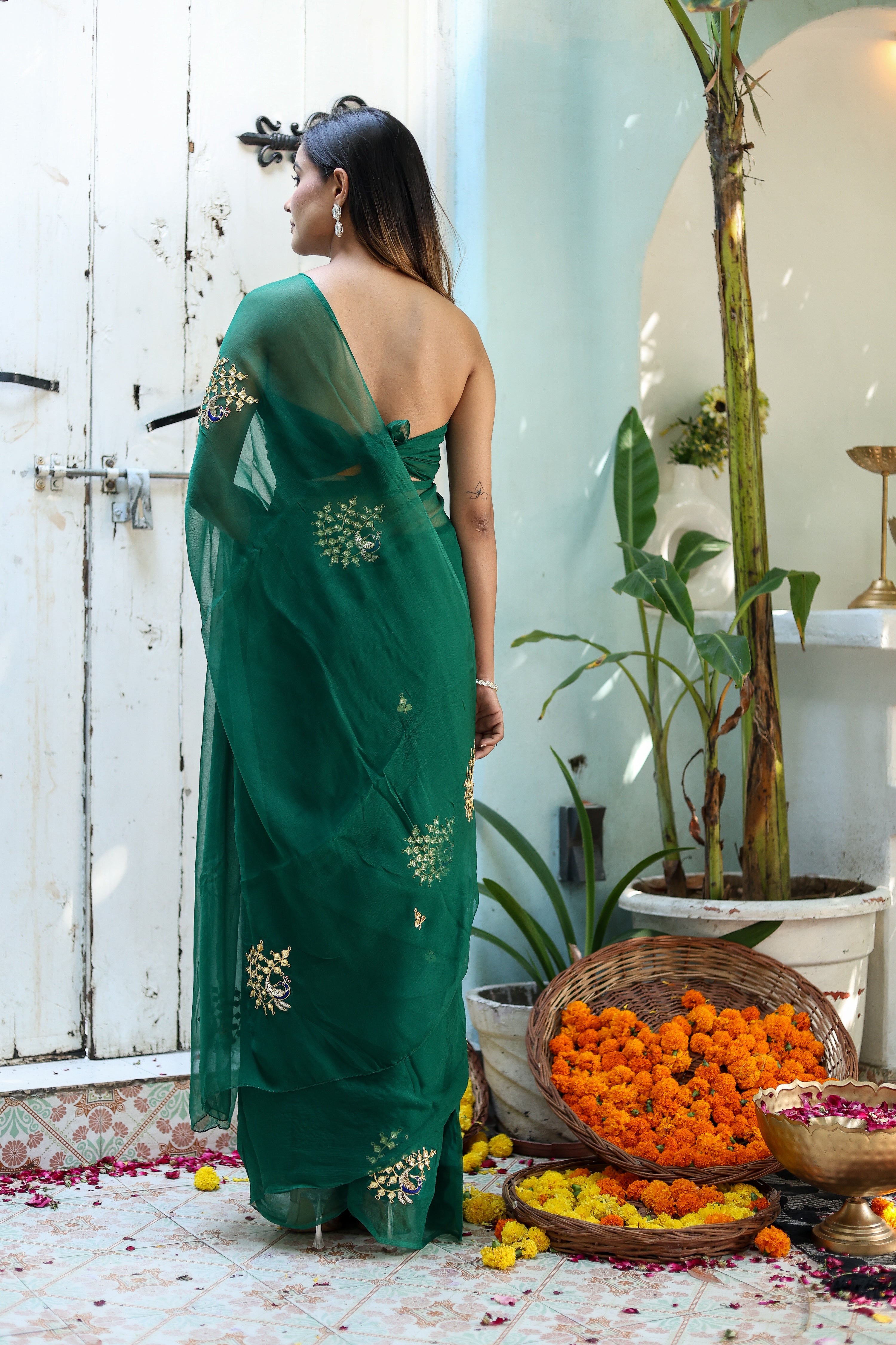 Peacock Green (Hand Embroidered Chiffon Green Saree)