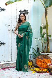 Peacock Green (Hand Embroidered Chiffon Green Saree)