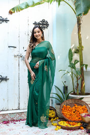 Peacock Green (Hand Embroidered Chiffon Green Saree)