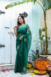 Peacock Green (Hand Embroidered Chiffon Green Saree)