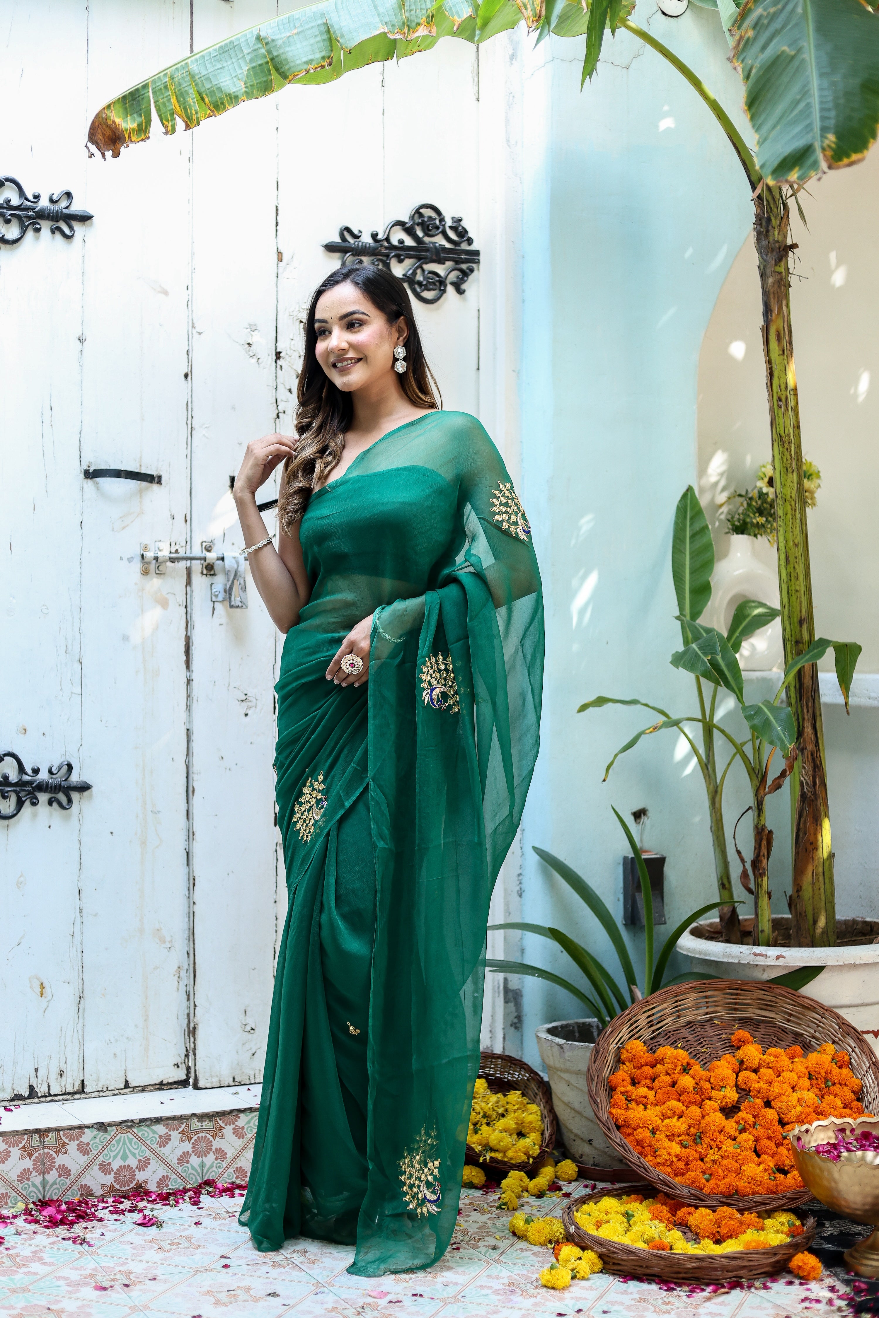 Peacock Green (Hand Embroidered Chiffon Green Saree)