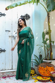 Peacock Green (Hand Embroidered Chiffon Green Saree)