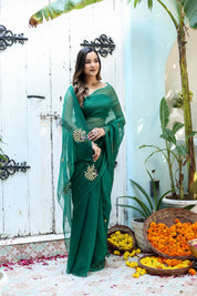 Peacock Green (Hand Embroidered Chiffon Green Saree)