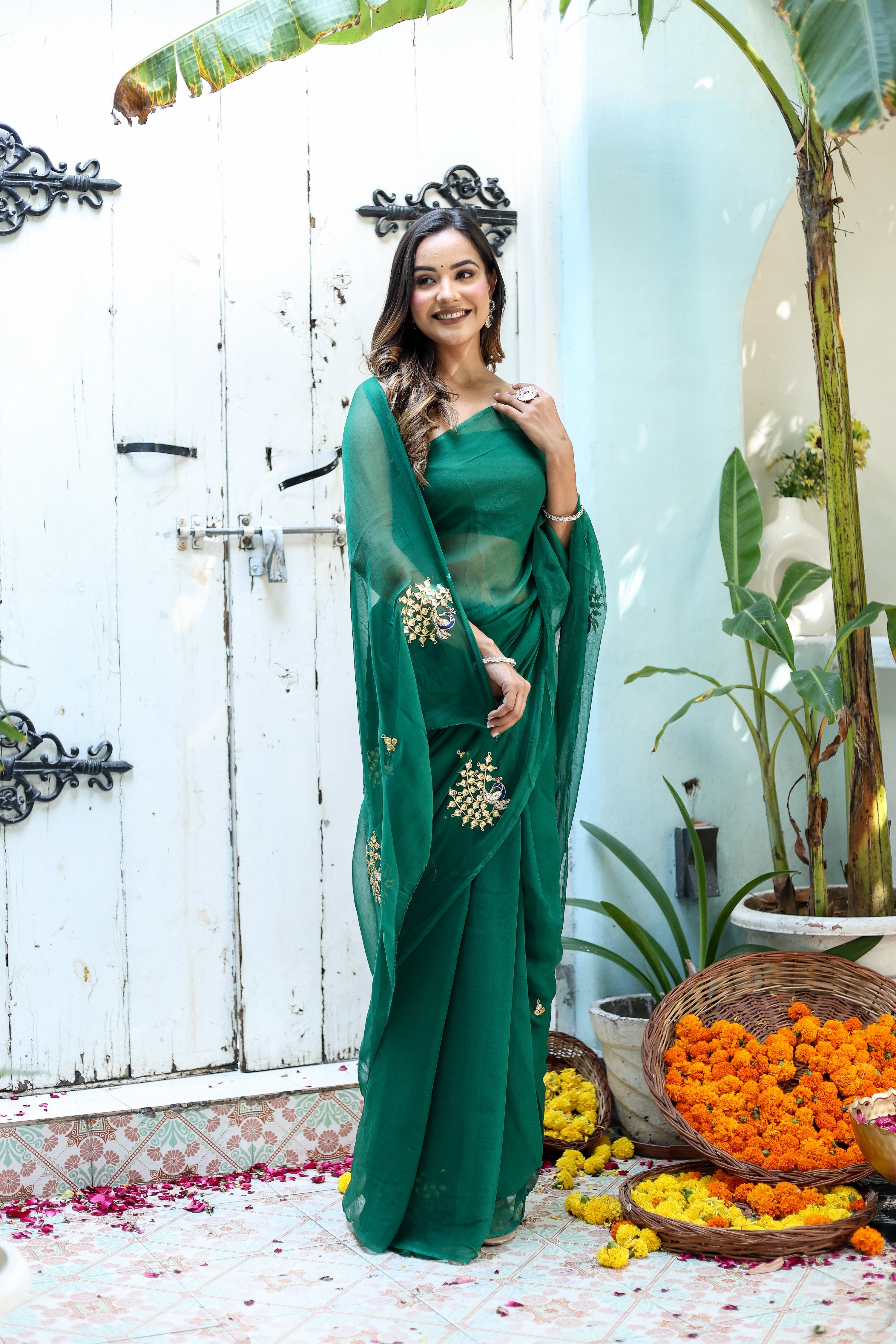 Peacock Green (Hand Embroidered Chiffon Green Saree)