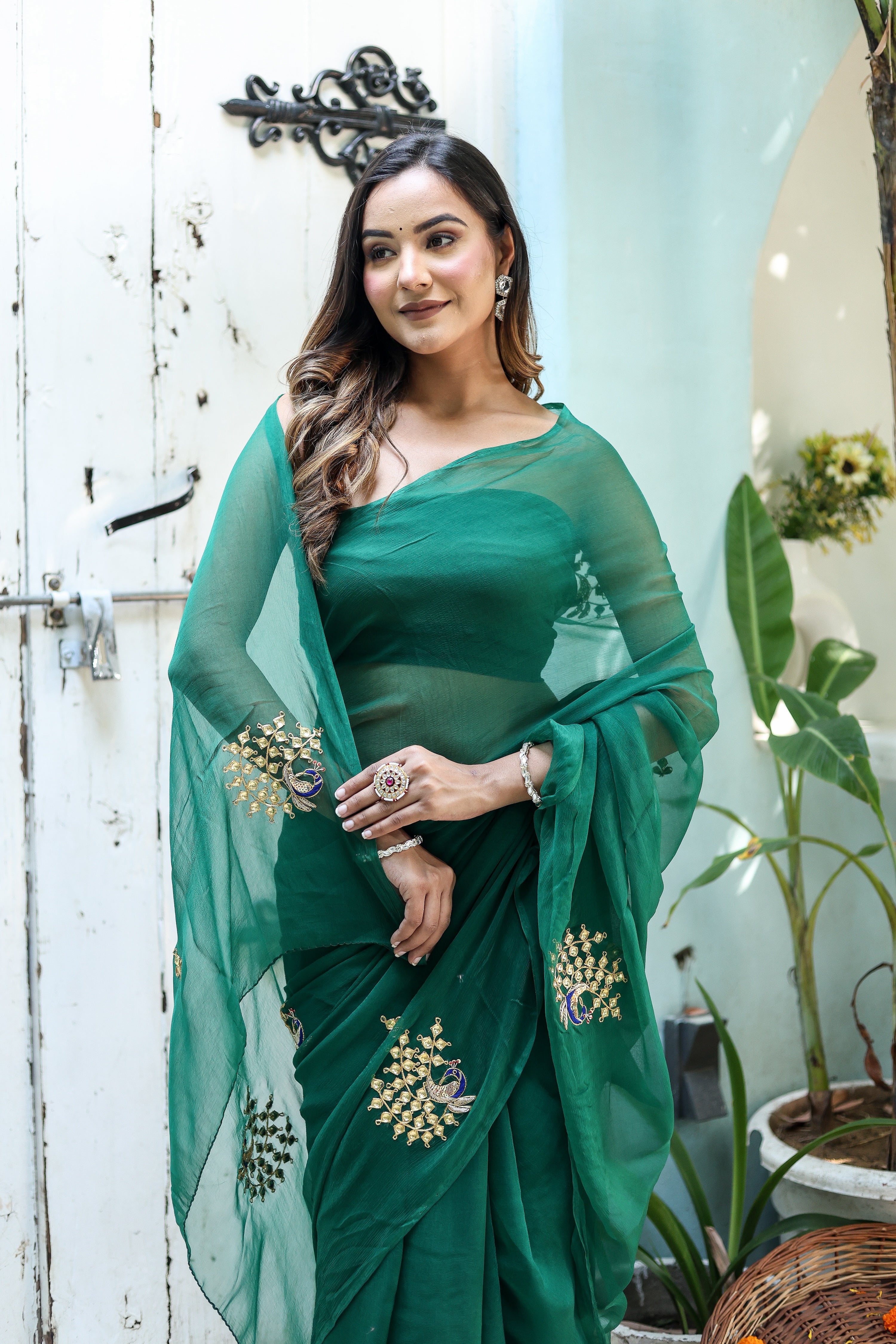 Peacock Green (Hand Embroidered Chiffon Green Saree)