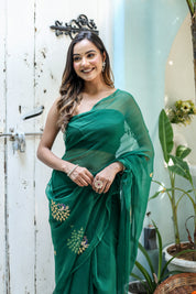 Peacock Green (Hand Embroidered Chiffon Green Saree)