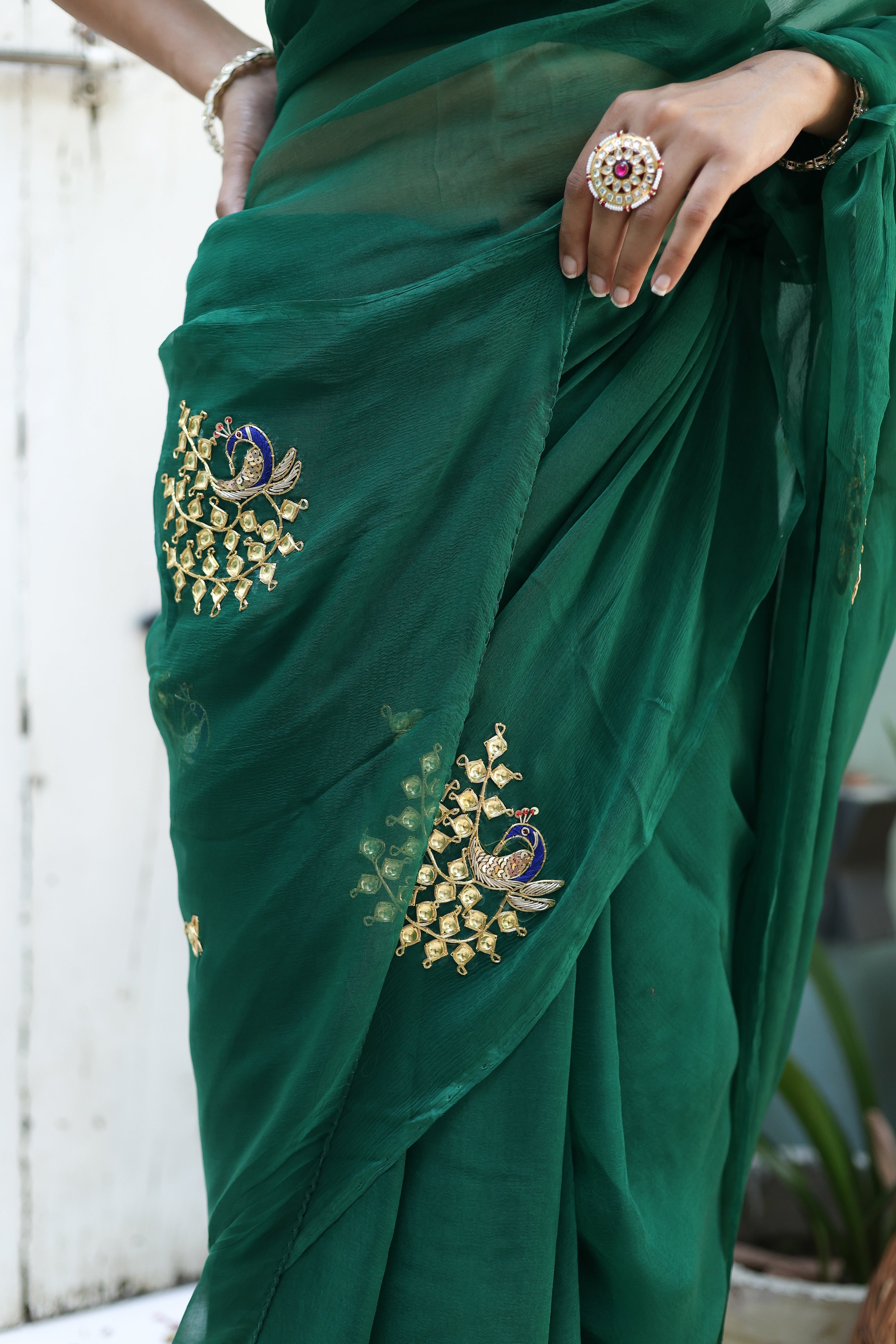 Peacock Green (Hand Embroidered Chiffon Green Saree)