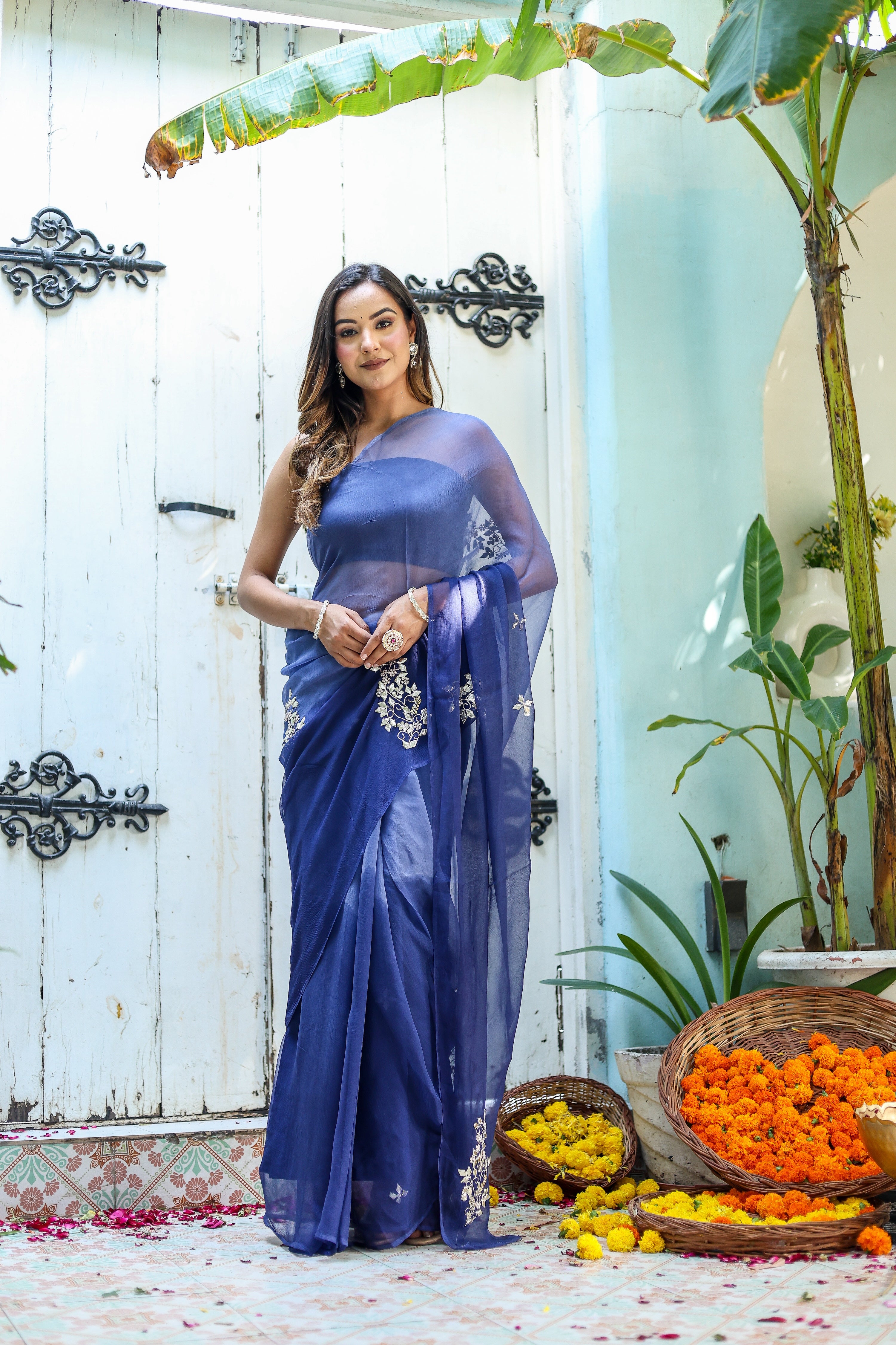 Ultra Marine Blue (Hand Embroidered Blue Ombre Chiffon Saree)