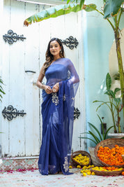 Ultra Marine Blue (Hand Embroidered Blue Ombre Chiffon Saree)