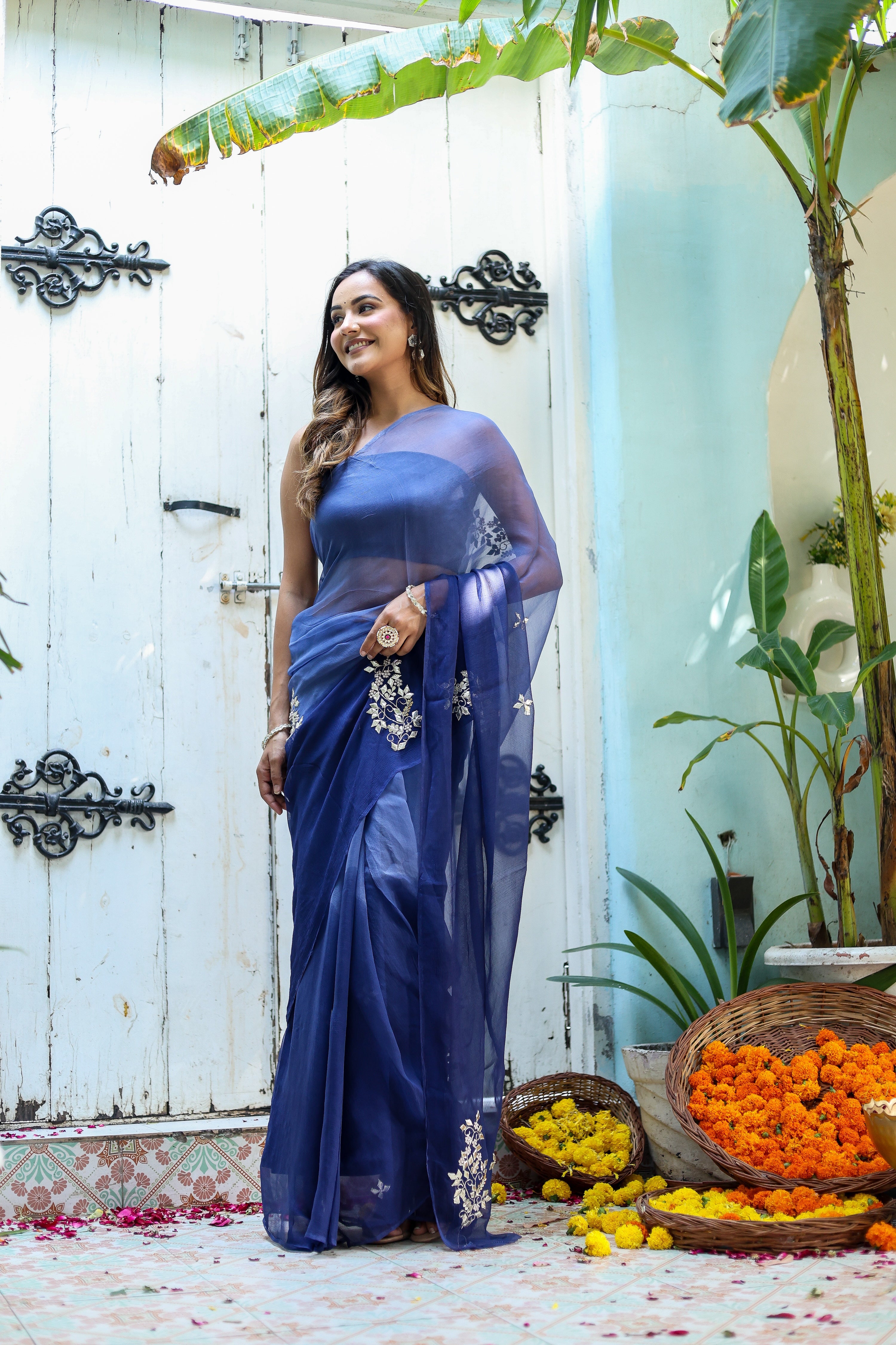 Ultra Marine Blue (Hand Embroidered Blue Ombre Chiffon Saree)