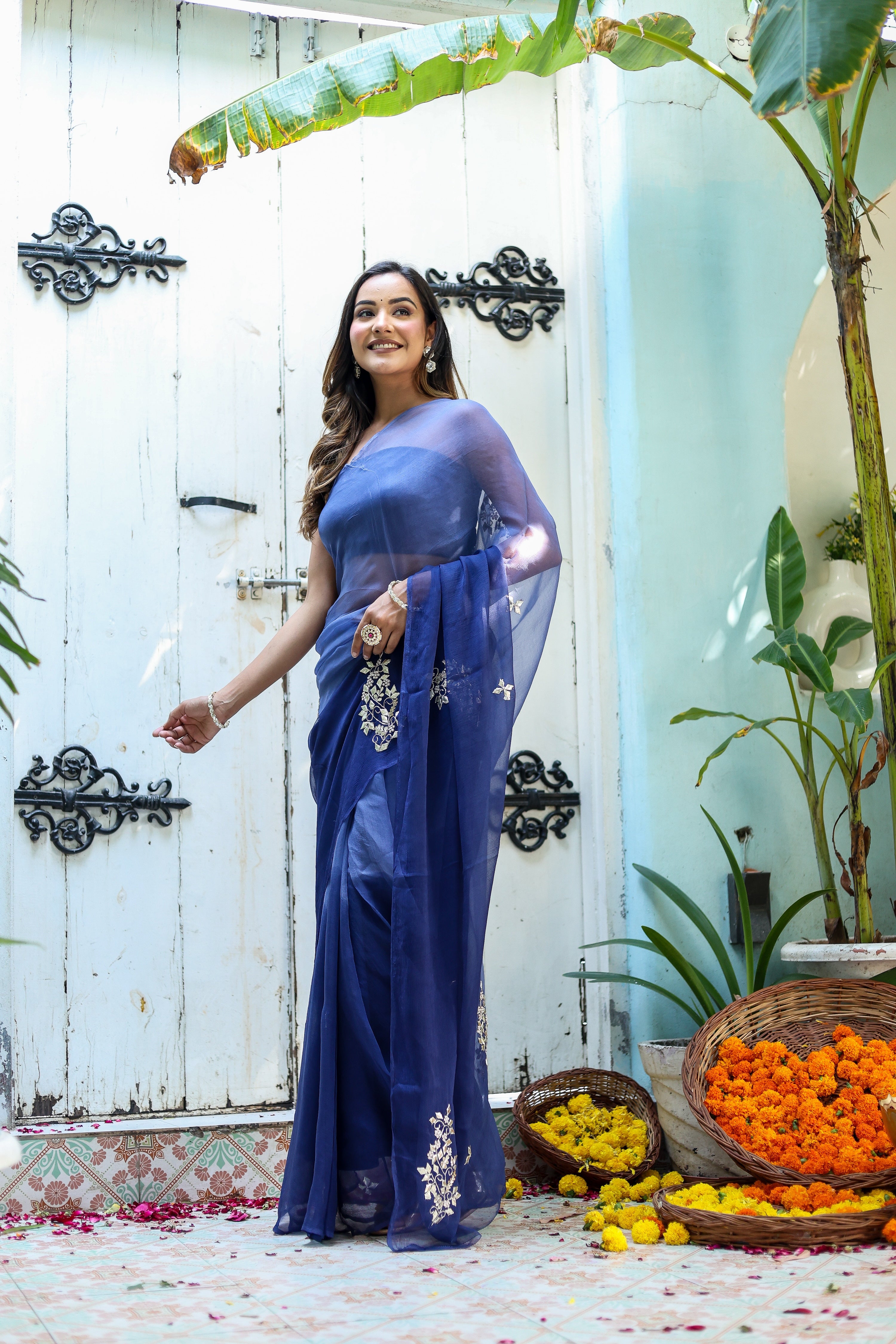 Ultra Marine Blue (Hand Embroidered Blue Ombre Chiffon Saree)