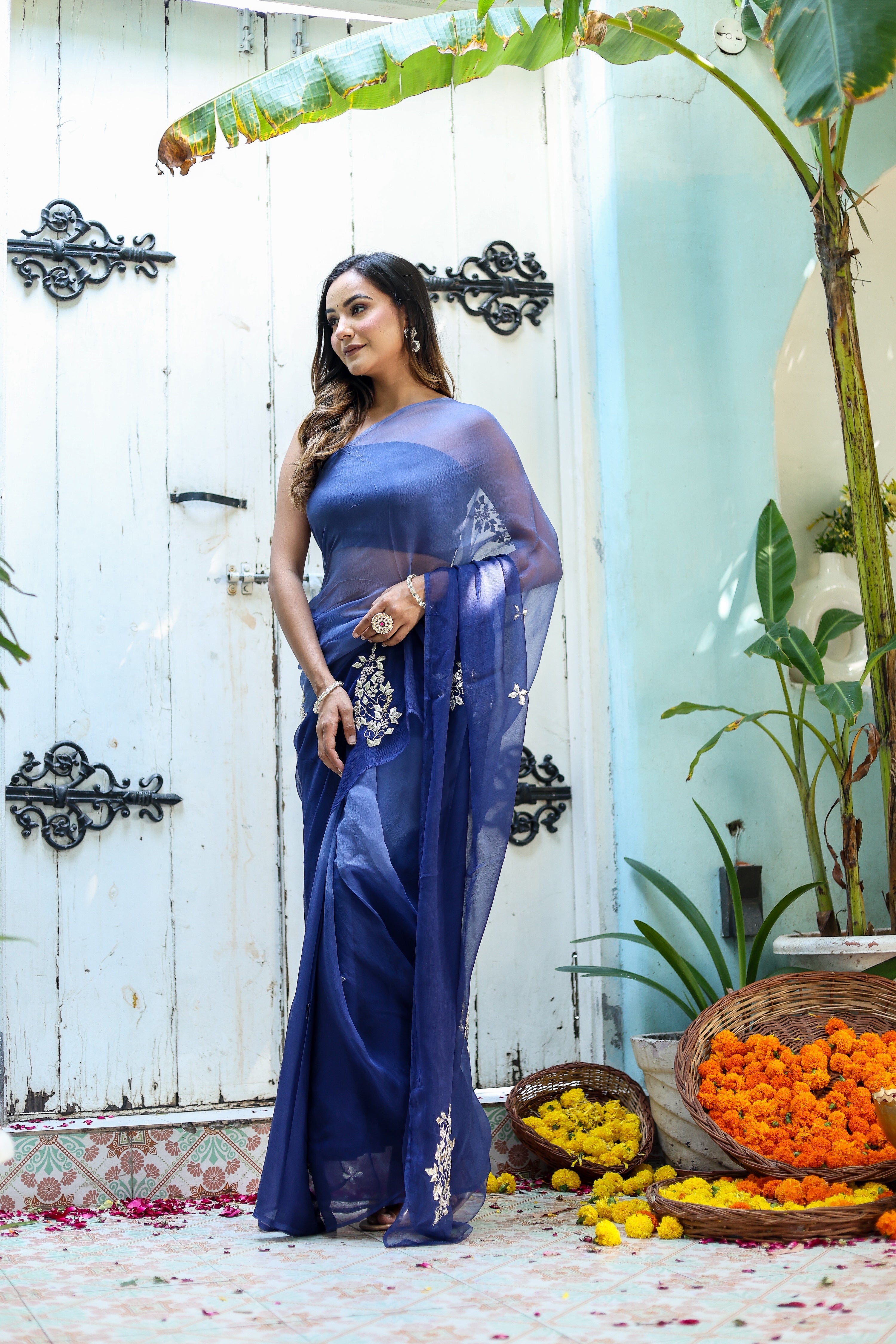 Ultra Marine Blue (Hand Embroidered Blue Ombre Chiffon Saree)