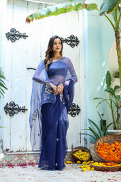 Ultra Marine Blue (Hand Embroidered Blue Ombre Chiffon Saree)