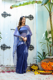 Ultra Marine Blue (Hand Embroidered Blue Ombre Chiffon Saree)