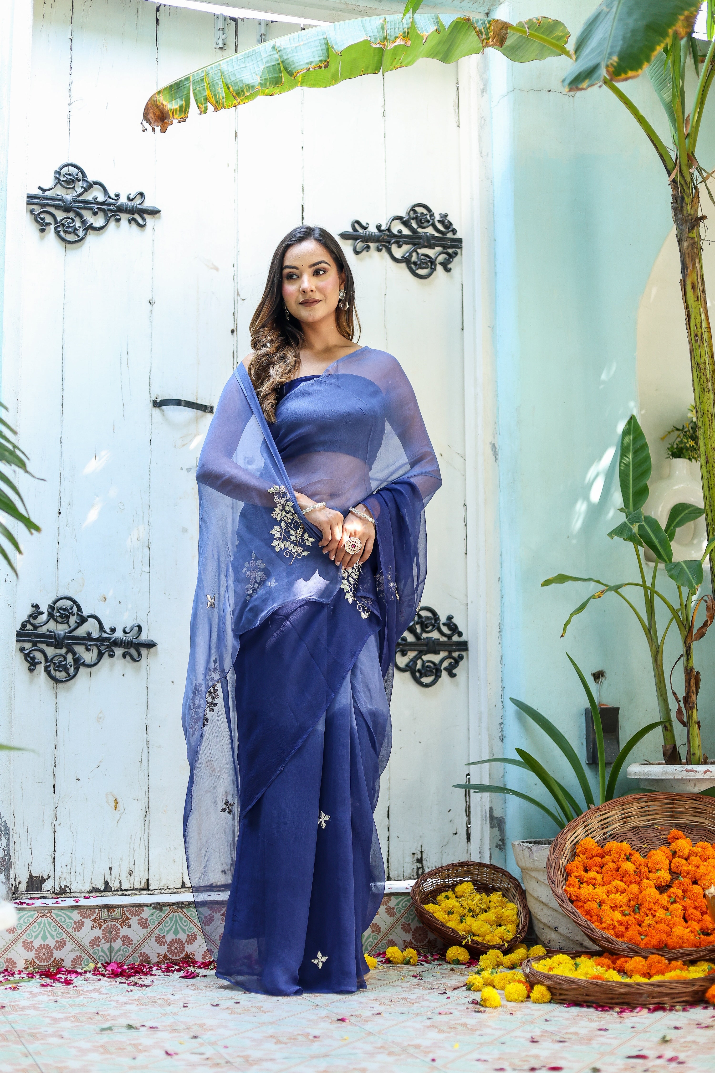 Ultra Marine Blue (Hand Embroidered Blue Ombre Chiffon Saree)