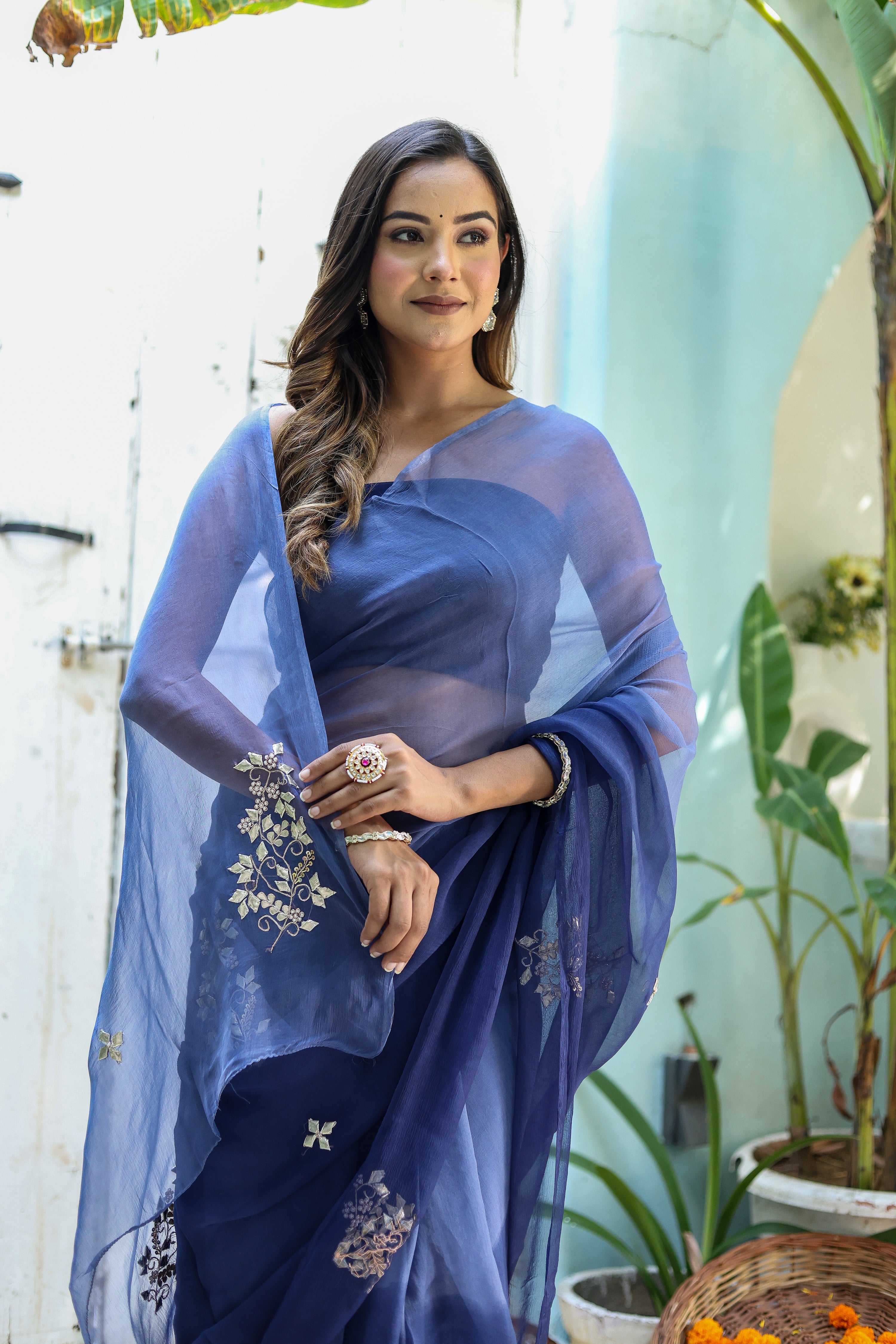 Ultra Marine Blue (Hand Embroidered Blue Ombre Chiffon Saree)