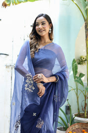 Ultra Marine Blue (Hand Embroidered Blue Ombre Chiffon Saree)