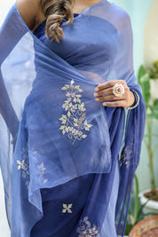 Ultra Marine Blue (Hand Embroidered Blue Ombre Chiffon Saree)