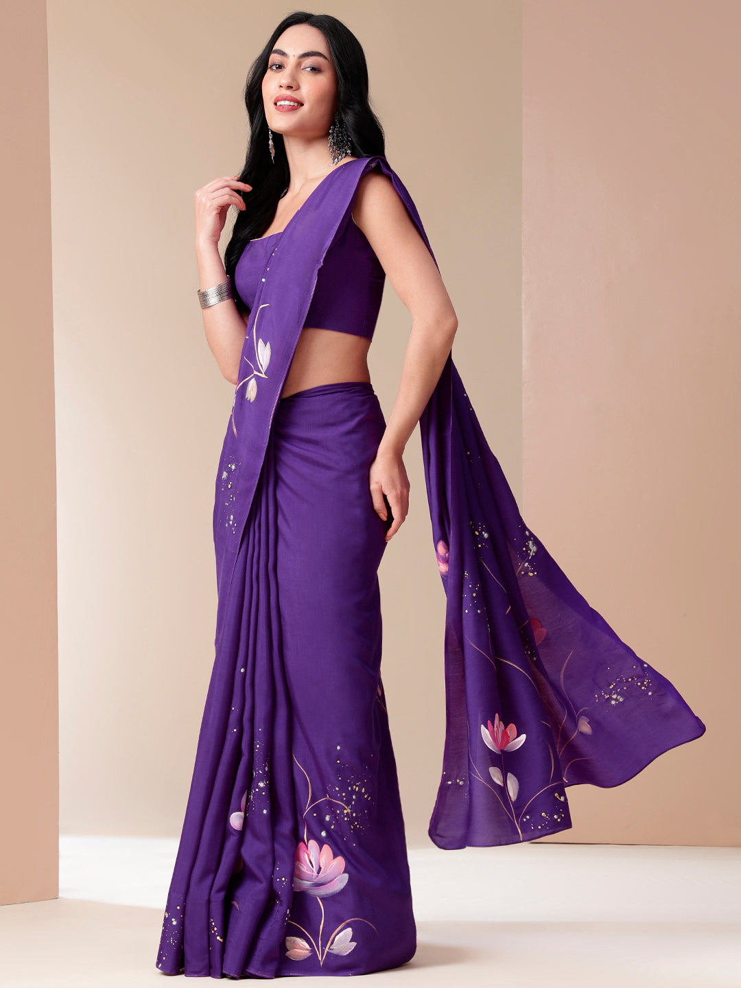 Glamourup - Handpainted Mal Silk Saree in Purple