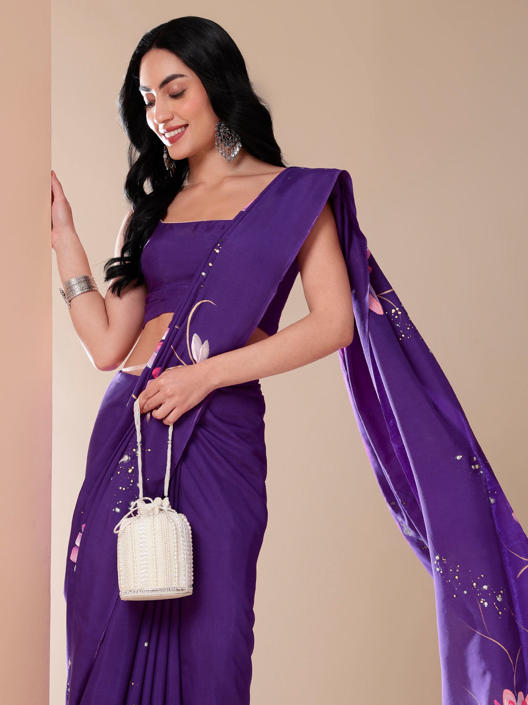 Glamourup - Handpainted Mal Silk Saree in Purple