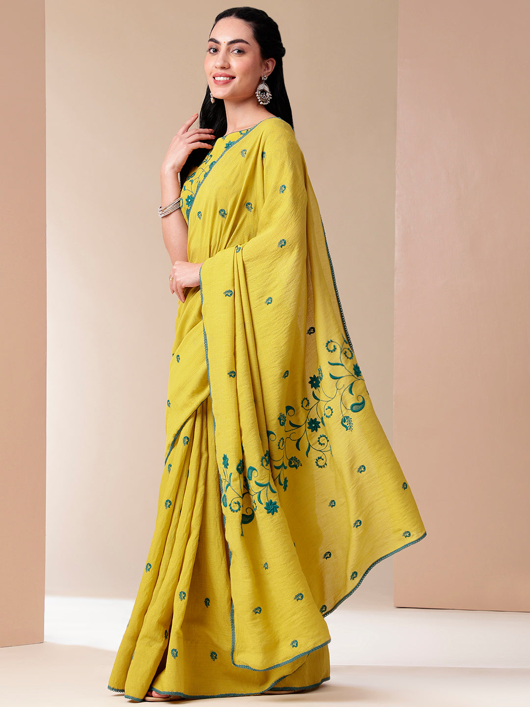 Artisanal Charm - Embroidered Self Textured Cotton Saree