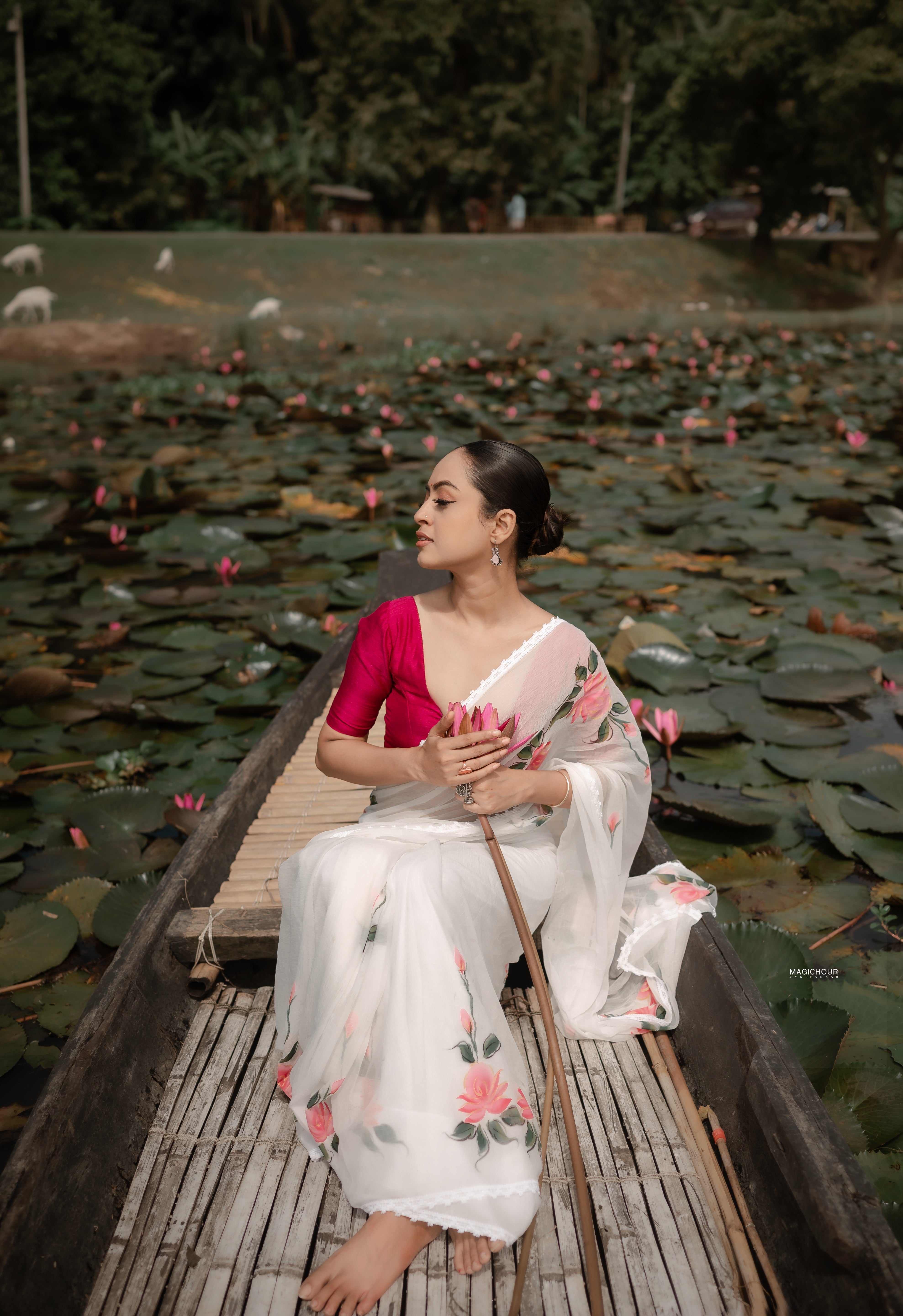Ivory Whispers (Pure Chiffon Hand Painted Saree)