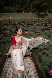 Ivory Whispers (Pure Chiffon Hand Painted Saree)