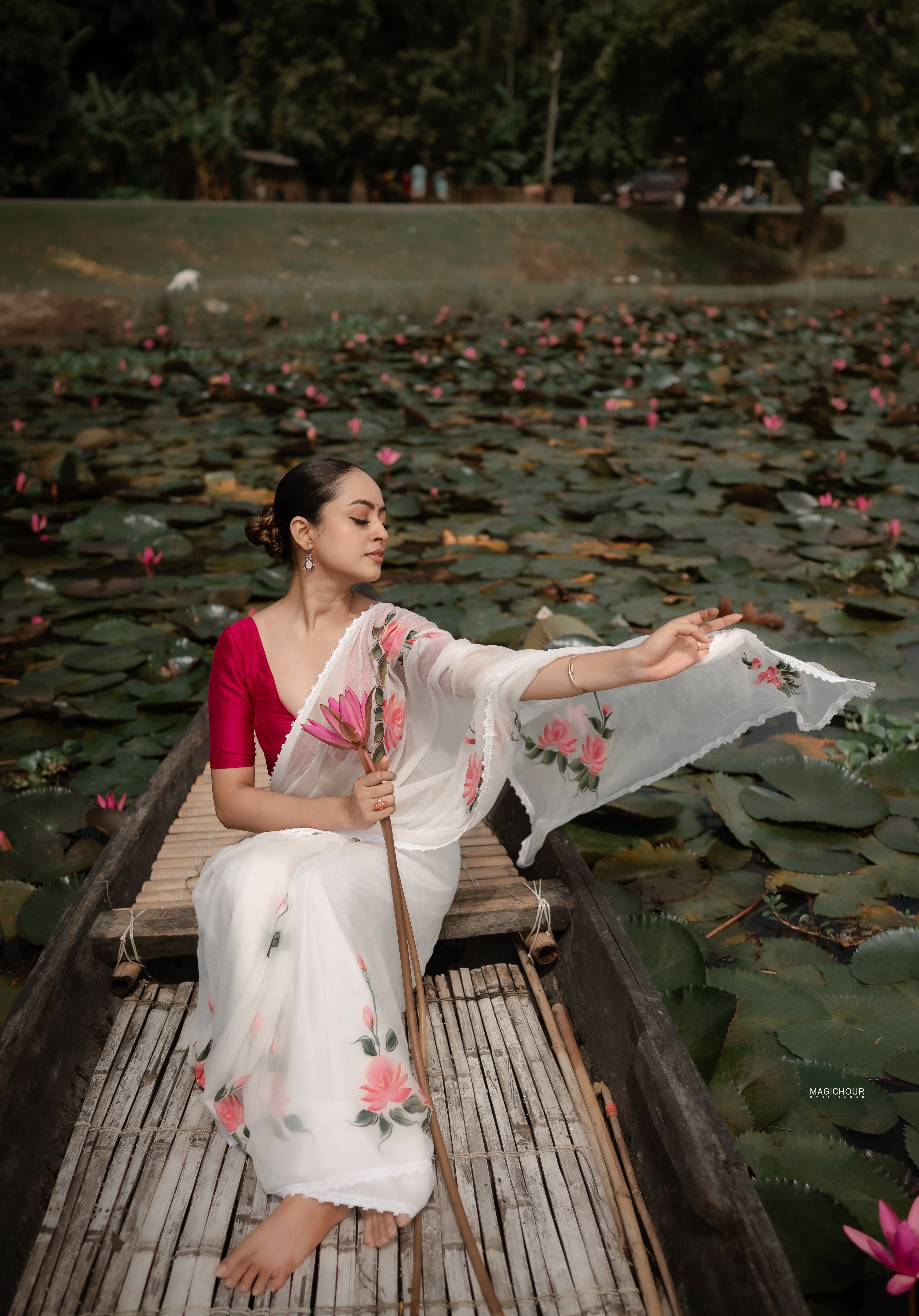 Ivory Whispers (Pure Chiffon Hand Painted Saree)
