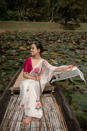 Ivory Whispers (Pure Chiffon Hand Painted Saree)