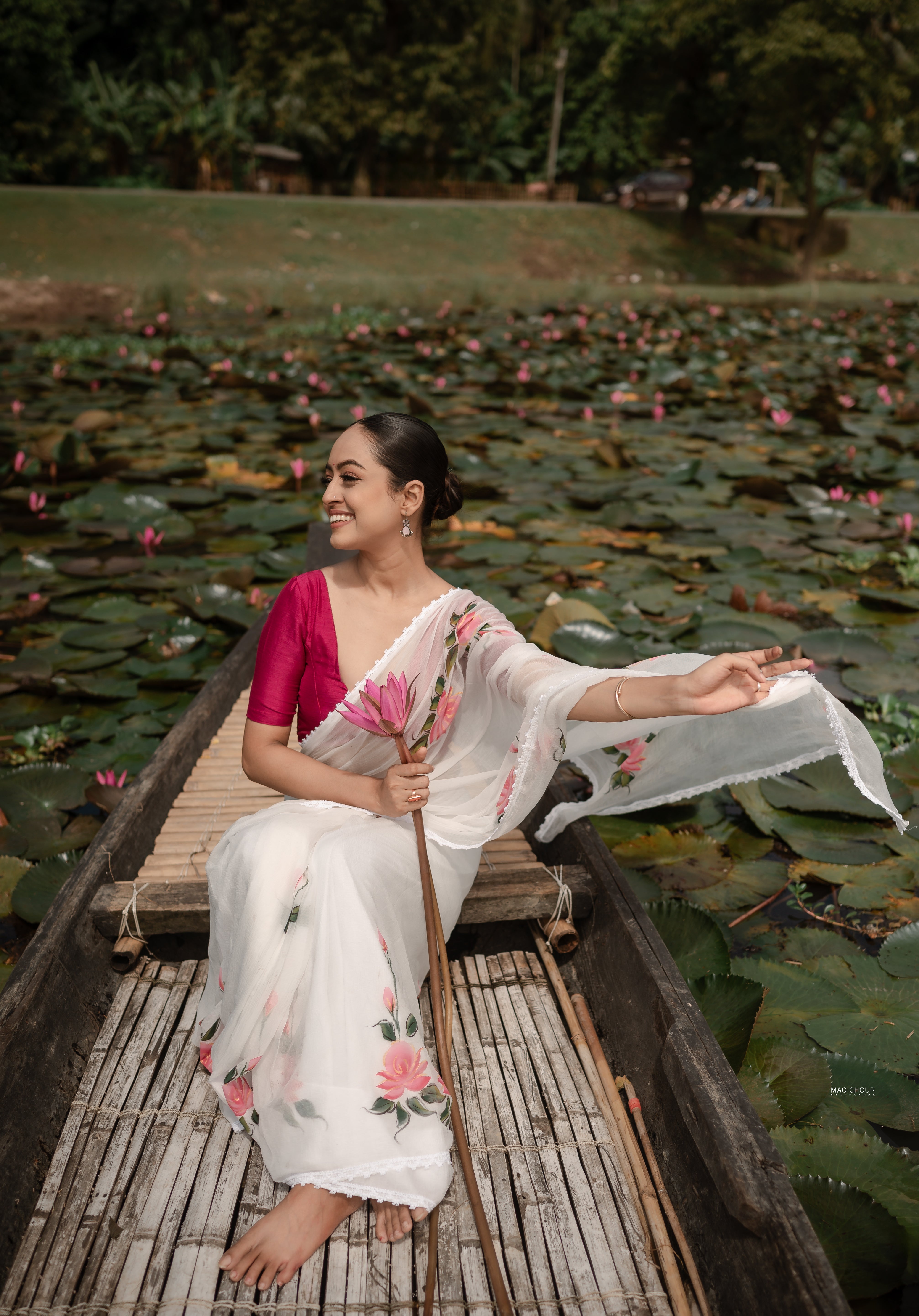 Ivory Whispers (Pure Chiffon Hand Painted Saree)