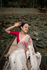 Ivory Whispers (Pure Chiffon Hand Painted Saree)