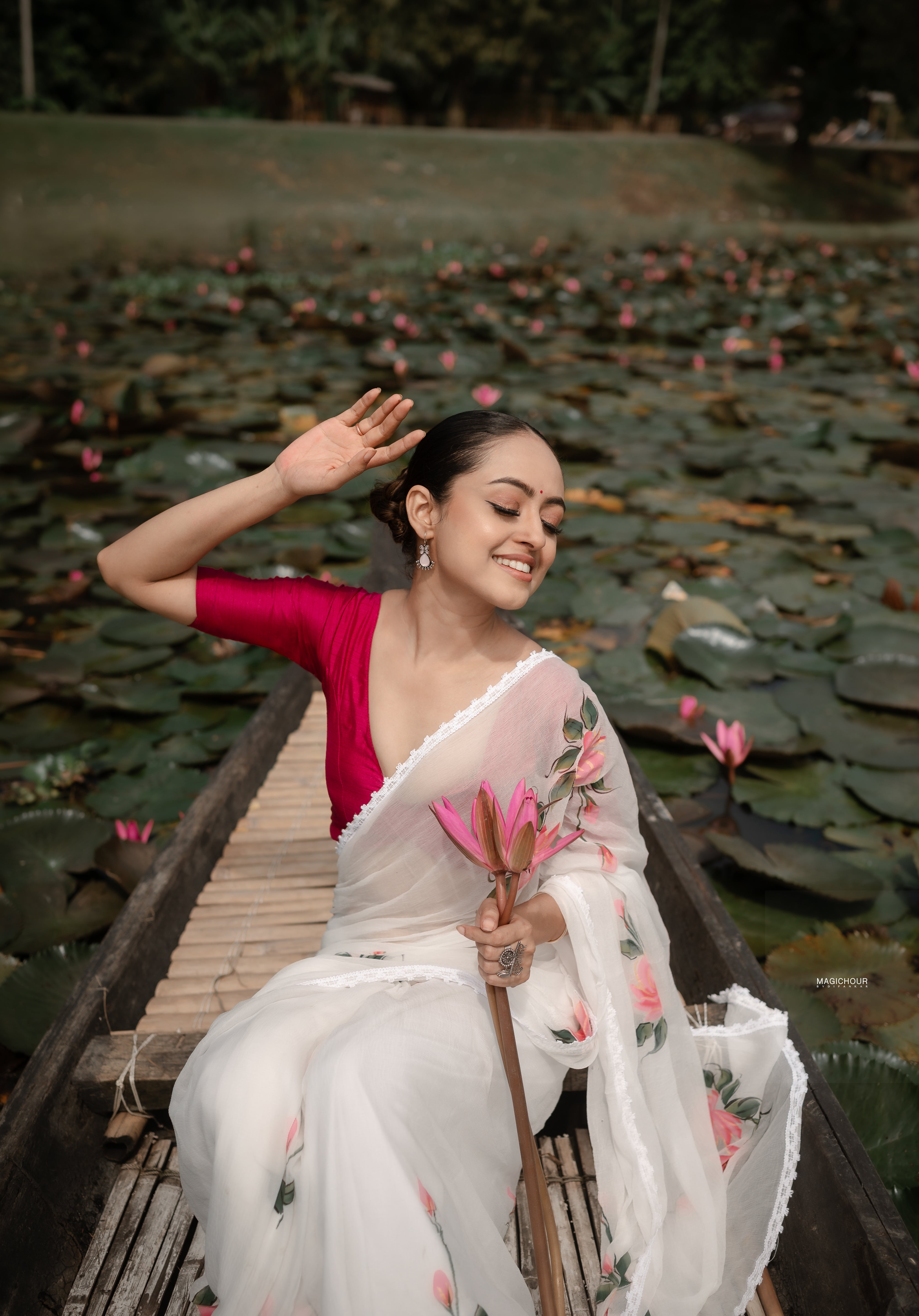 Ivory Whispers (Pure Chiffon Hand Painted Saree)