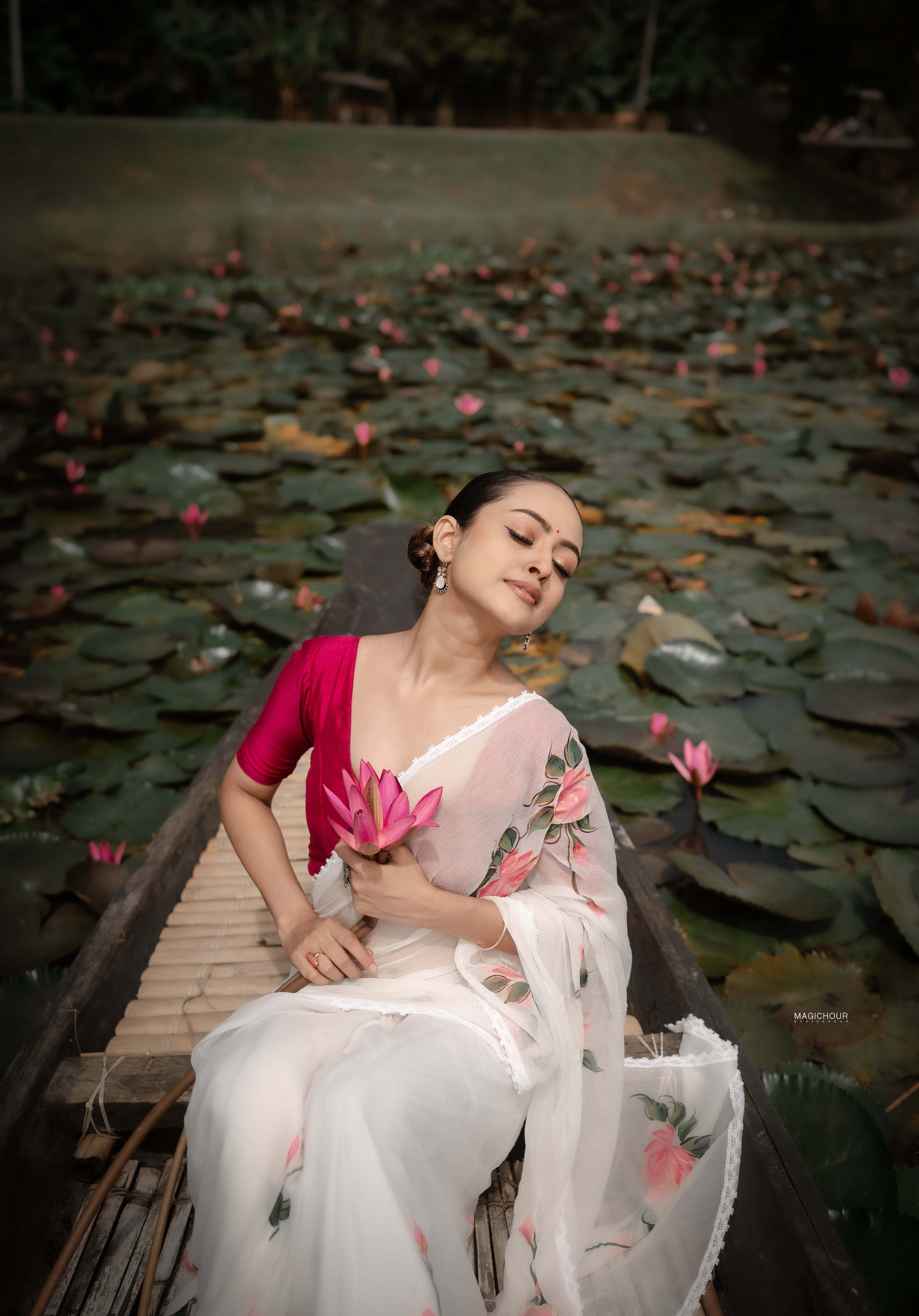 Ivory Whispers (Pure Chiffon Hand Painted Saree)