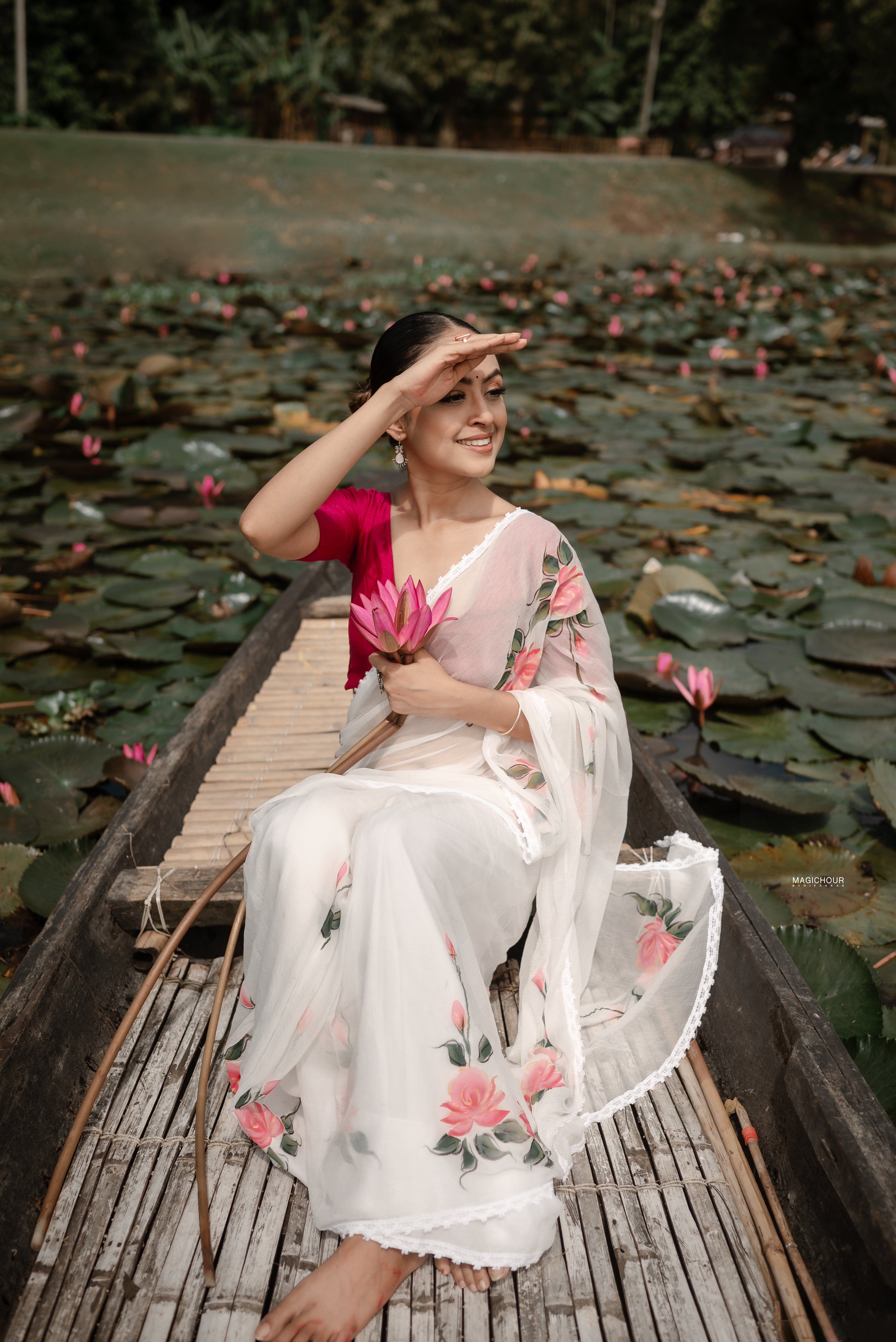 Ivory Whispers (Pure Chiffon Hand Painted Saree)