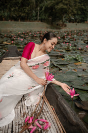 Ivory Whispers (Pure Chiffon Hand Painted Saree)