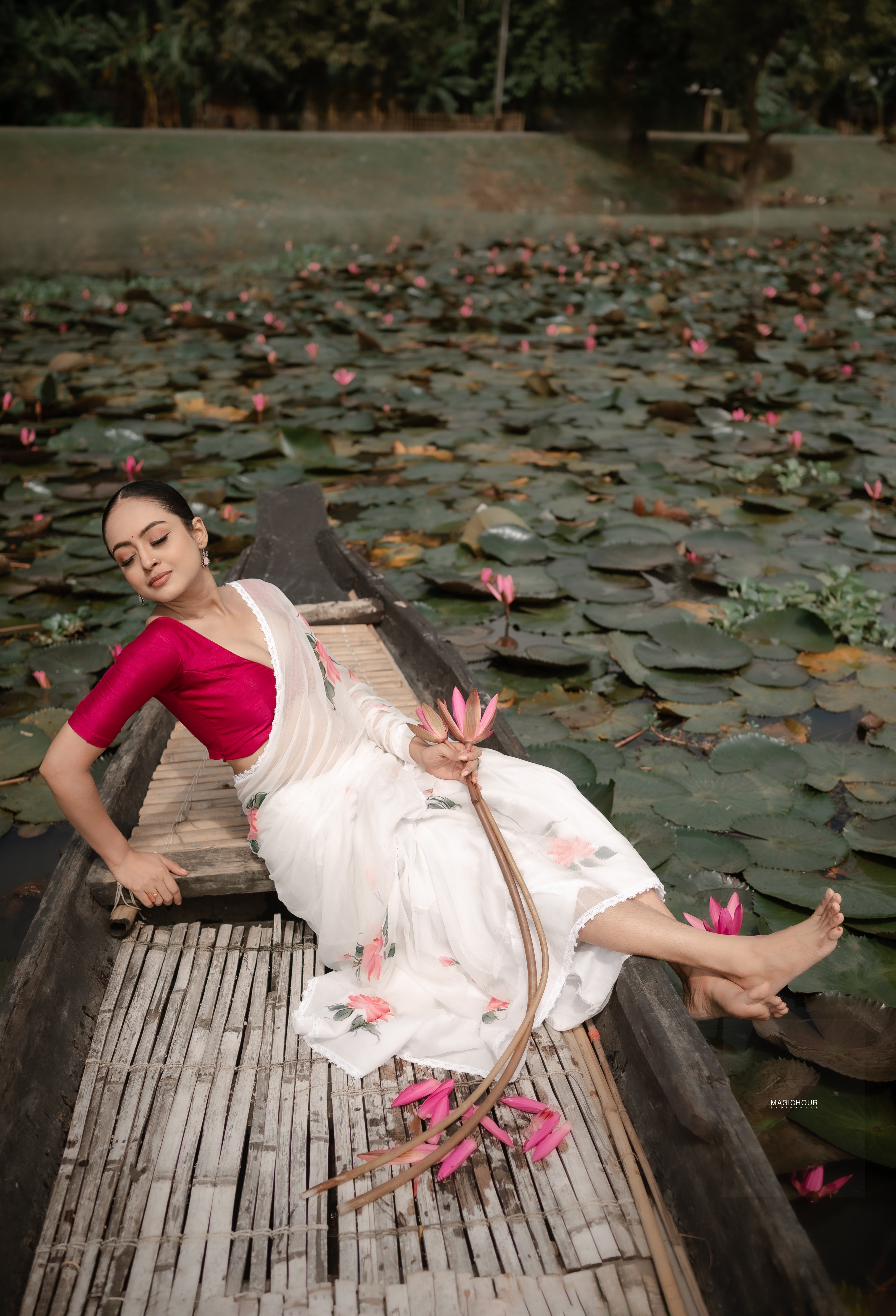 Ivory Whispers (Pure Chiffon Hand Painted Saree)