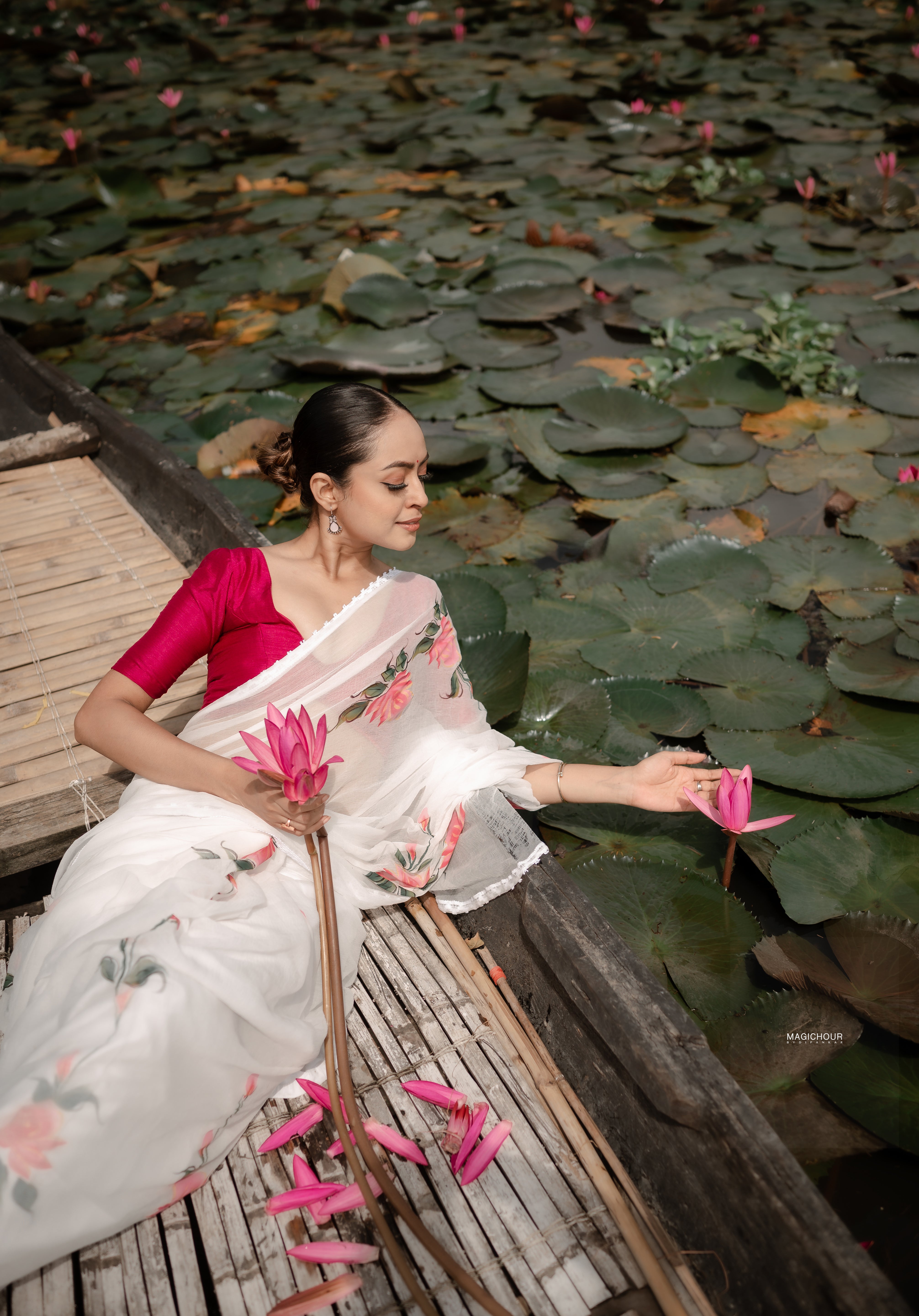 Ivory Whispers (Pure Chiffon Hand Painted Saree)