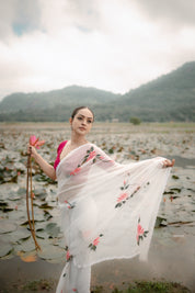 Ivory Whispers (Pure Chiffon Hand Painted Saree)