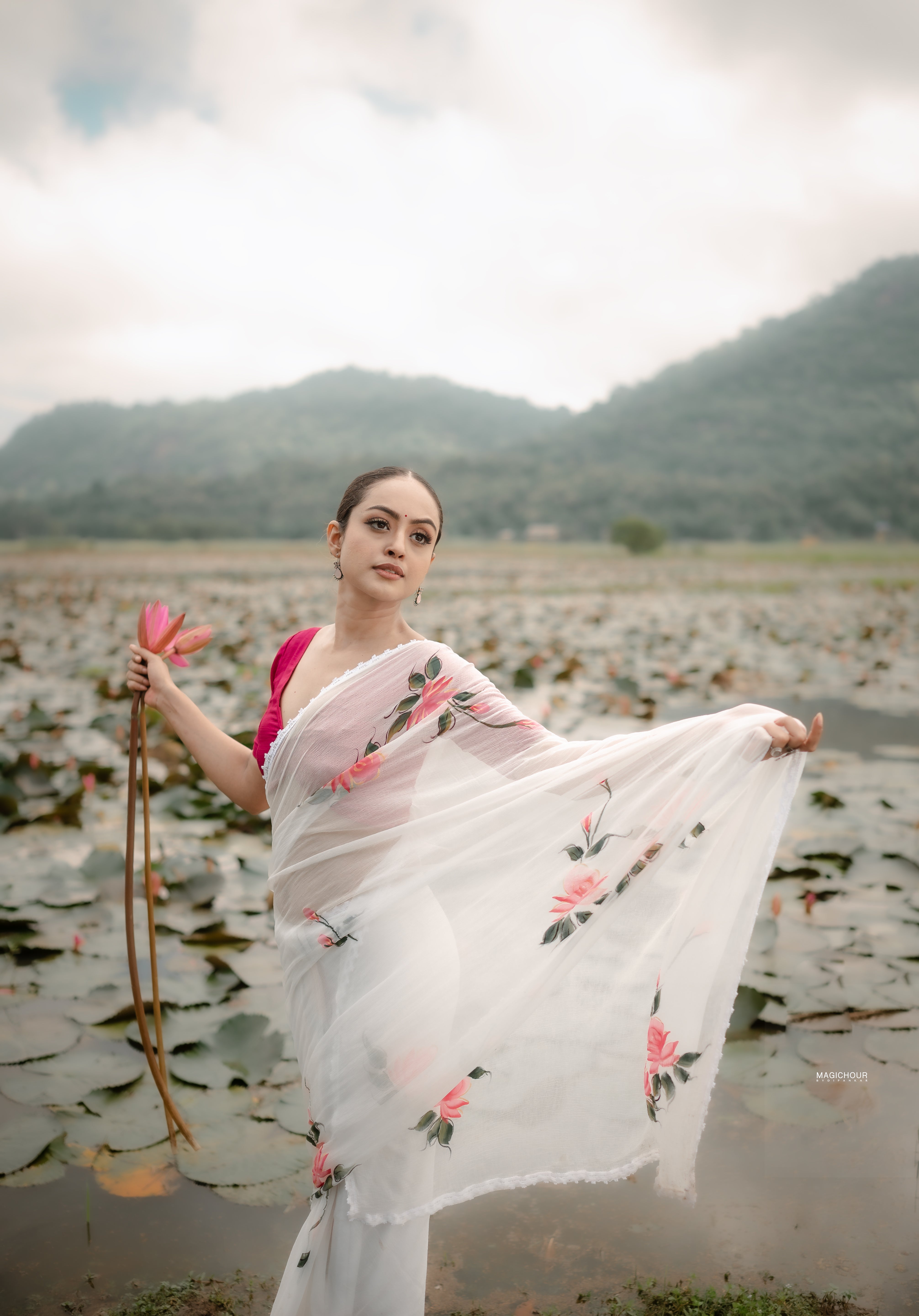 Ivory Whispers (Pure Chiffon Hand Painted Saree)