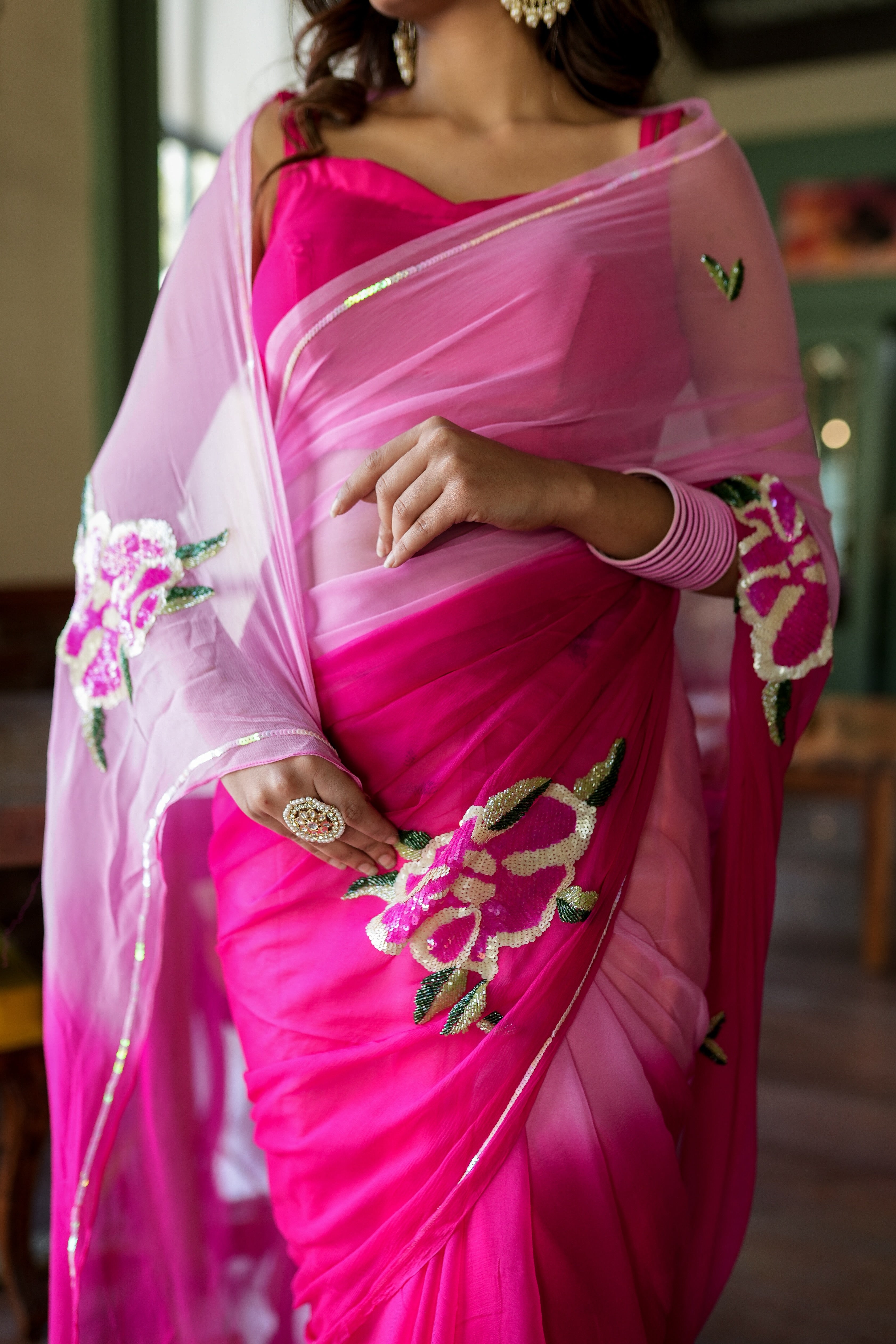 Intricate blossom elegance (Sequins Handwork Saree)