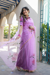 Lilac Mirage Artistry (Handpainted Lilac Organza Zari border saree)