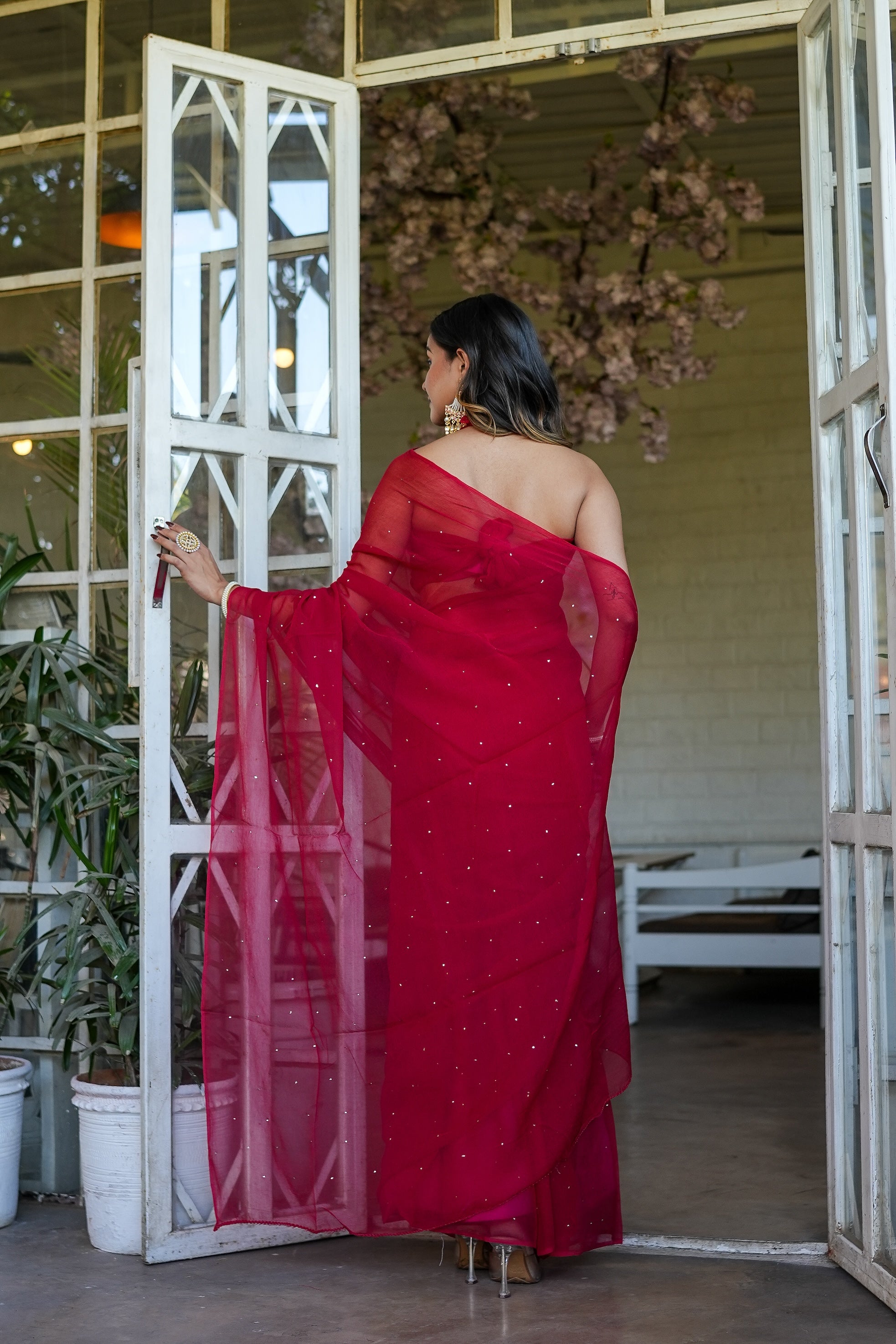 Shimmering Royale (Red Mukaish Chiffon Saree)