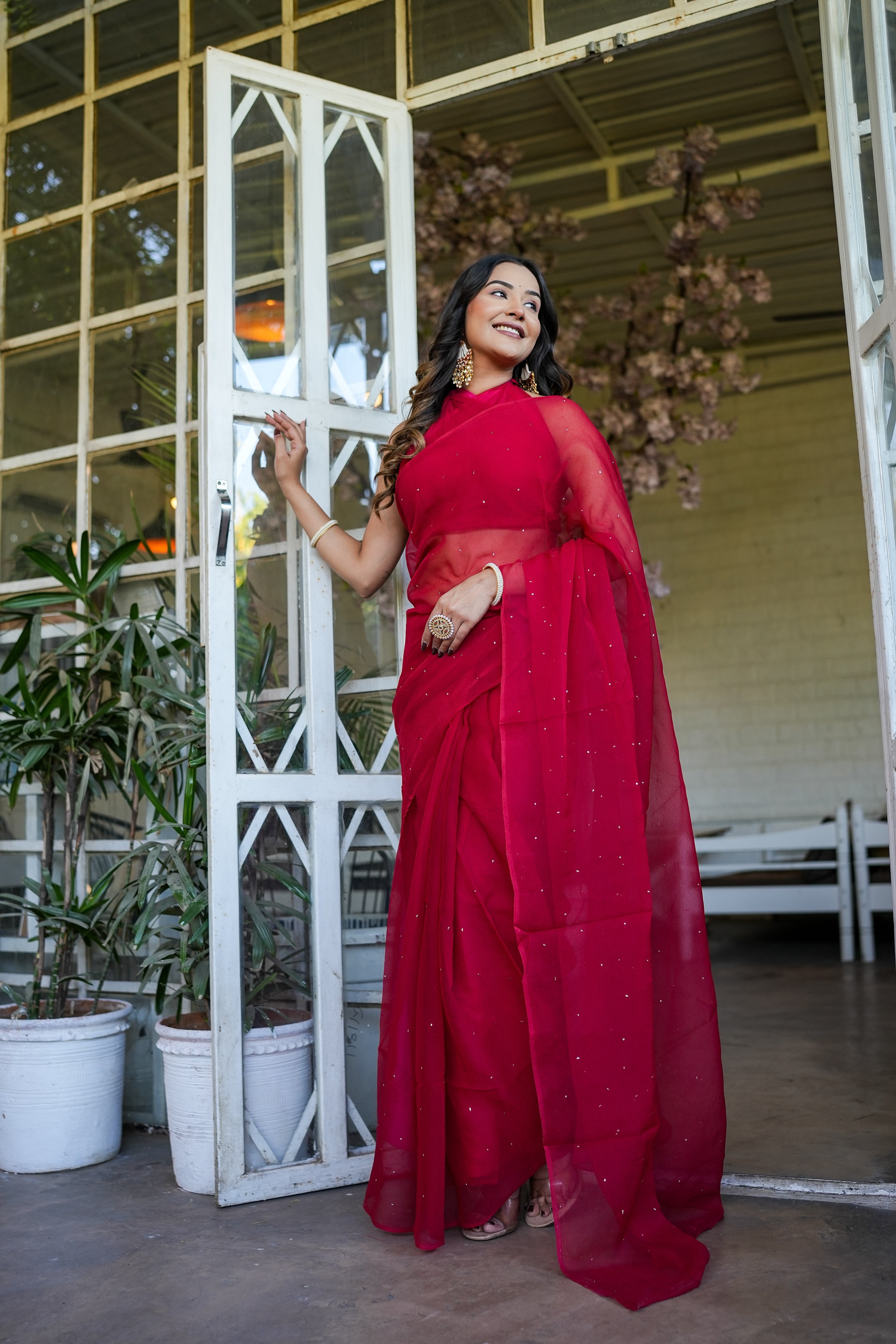 Shimmering Royale (Red Mukaish Chiffon Saree)