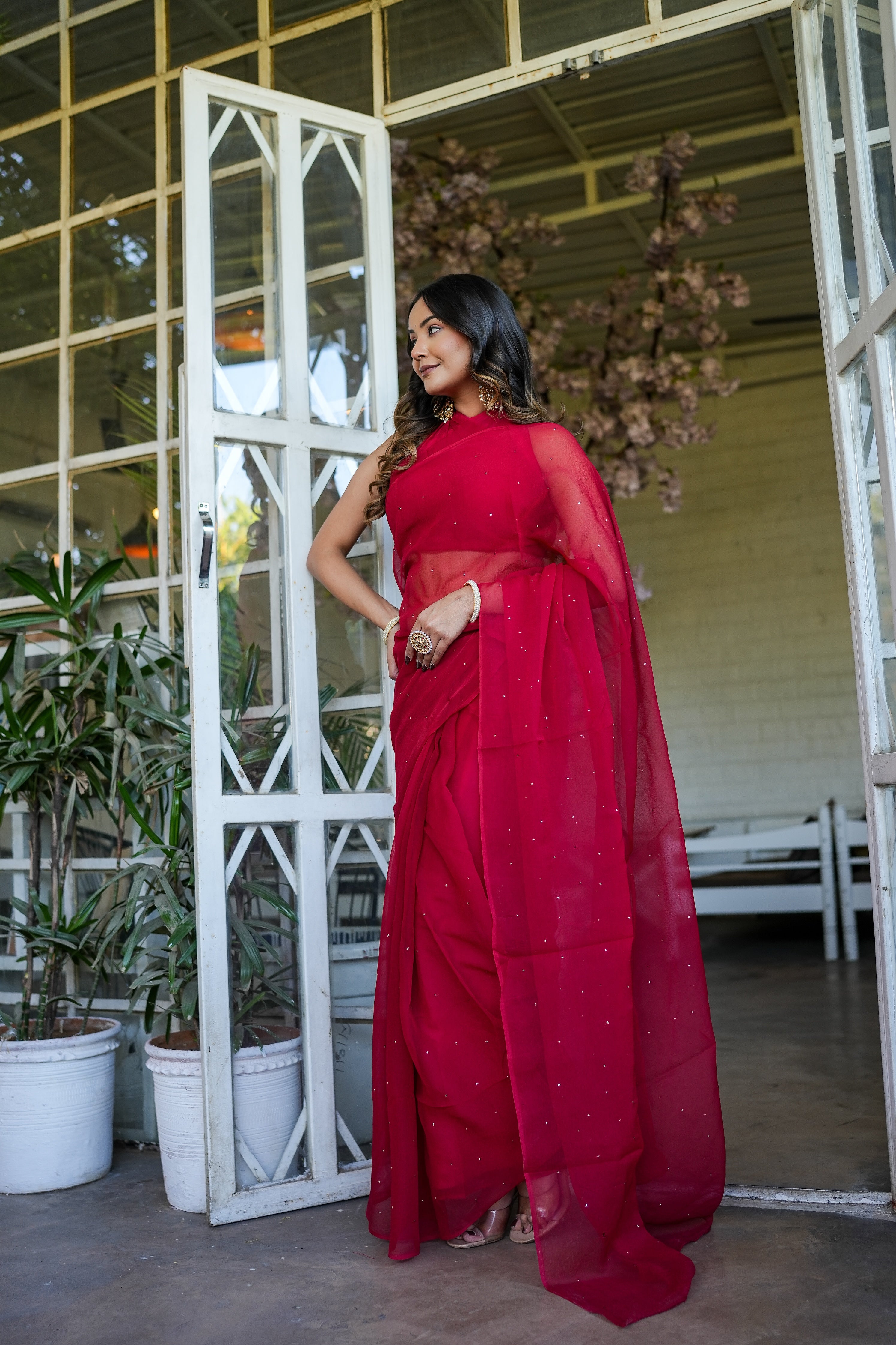 Shimmering Royale (Red Mukaish Chiffon Saree)